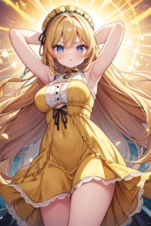 Excellent masterpiece, trunk, (grown-up: 1.6) Hungarian woman, (Laught: 0.4), arms behind the head, golden braids, glare eyes, Victorian sun dress, floating light particles, centred, added facial detail