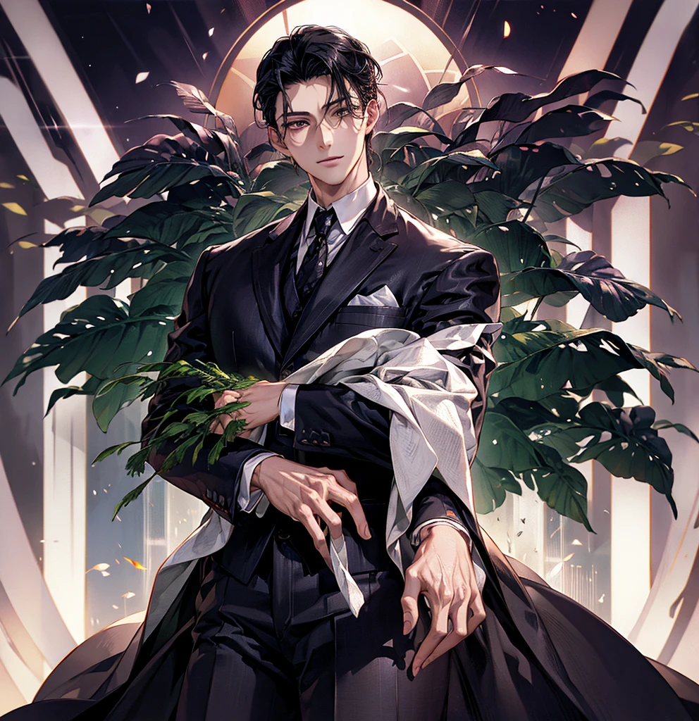 black hair, shiny hair, crystal hair, hair slicked back, evil smile, Surrealism, アニメ, glowing light, 8k, super detail, uhd, retina, masterpiece, accurate, anatomically correct, textured skin, super detail, high details, high quality, award winning, best quality, highresVery very cool man、suit、all back、Short Hair、counse like tea