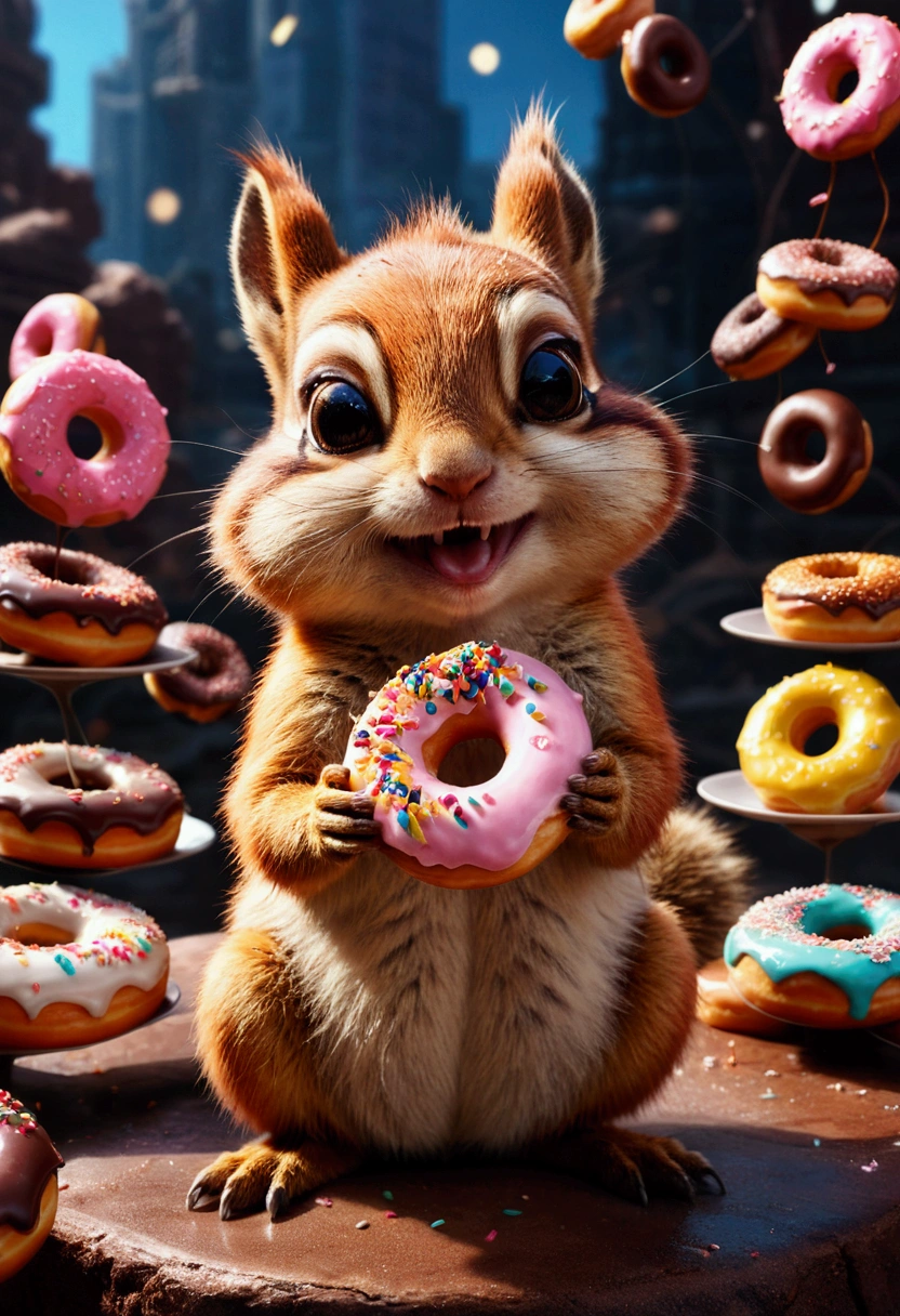 Eating Donuts, an adorable chipmunk holding a delicious donut with icing and sprinkles, centered, detailed matte painting, deep color, fantastical, intricate detail, splash screen, complementary colors, fantasy concept art, 8k resolution trending on Artstation Unreal Engine 5, masterpiece, best quality, very aesthetic, absurdres