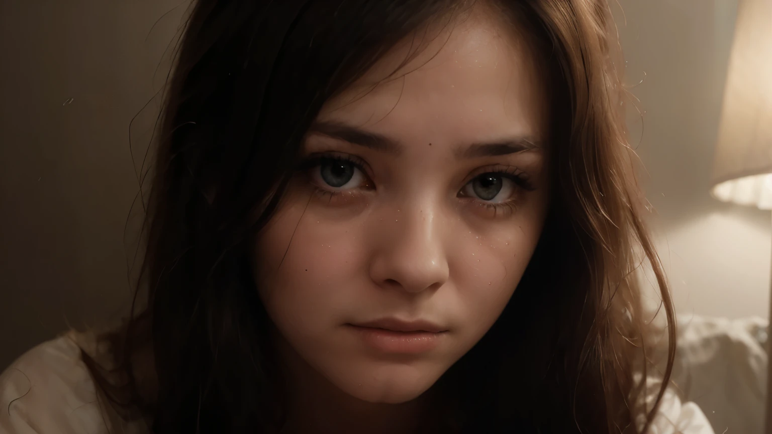 A close-up of a young woman with a pensive and sorrowful expression, her eyes reflecting deep emotions. She’s sitting alone in a dimly lit room with soft, warm lighting. The focus is on her face and the subtle details of her tear-streaked cheeks and furrowed brows, conveying a sense of heartbreak