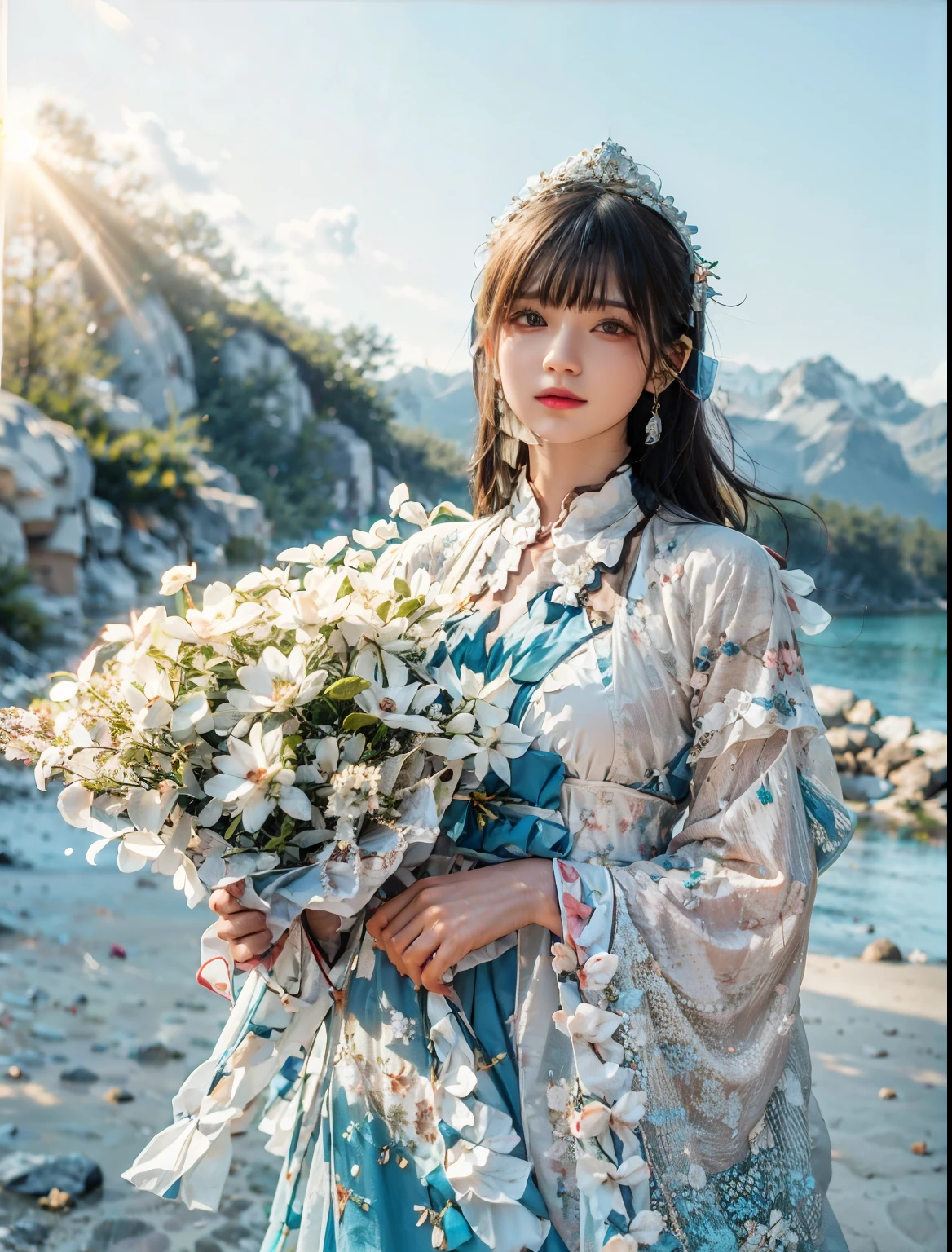 Beautiful girl,long black hair,Delicate and delicate face,light smile,Holding a very beautiful bouquet of sky blue flowers,Clothes with beautiful texture,perfect hands,solid color background,movie lights,contrast between light and shadow,Rendering with high octane,