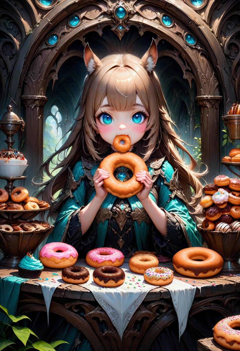 Eating Donuts, an adorable chipmunk holding a delicious donut with icing and sprinkles, centered, detailed matte painting, deep color, fantastical, intricate detail, splash screen, complementary colors, fantasy concept art, 8k resolution trending on Artstation Unreal Engine 5, masterpiece, best quality, very aesthetic, absurdres