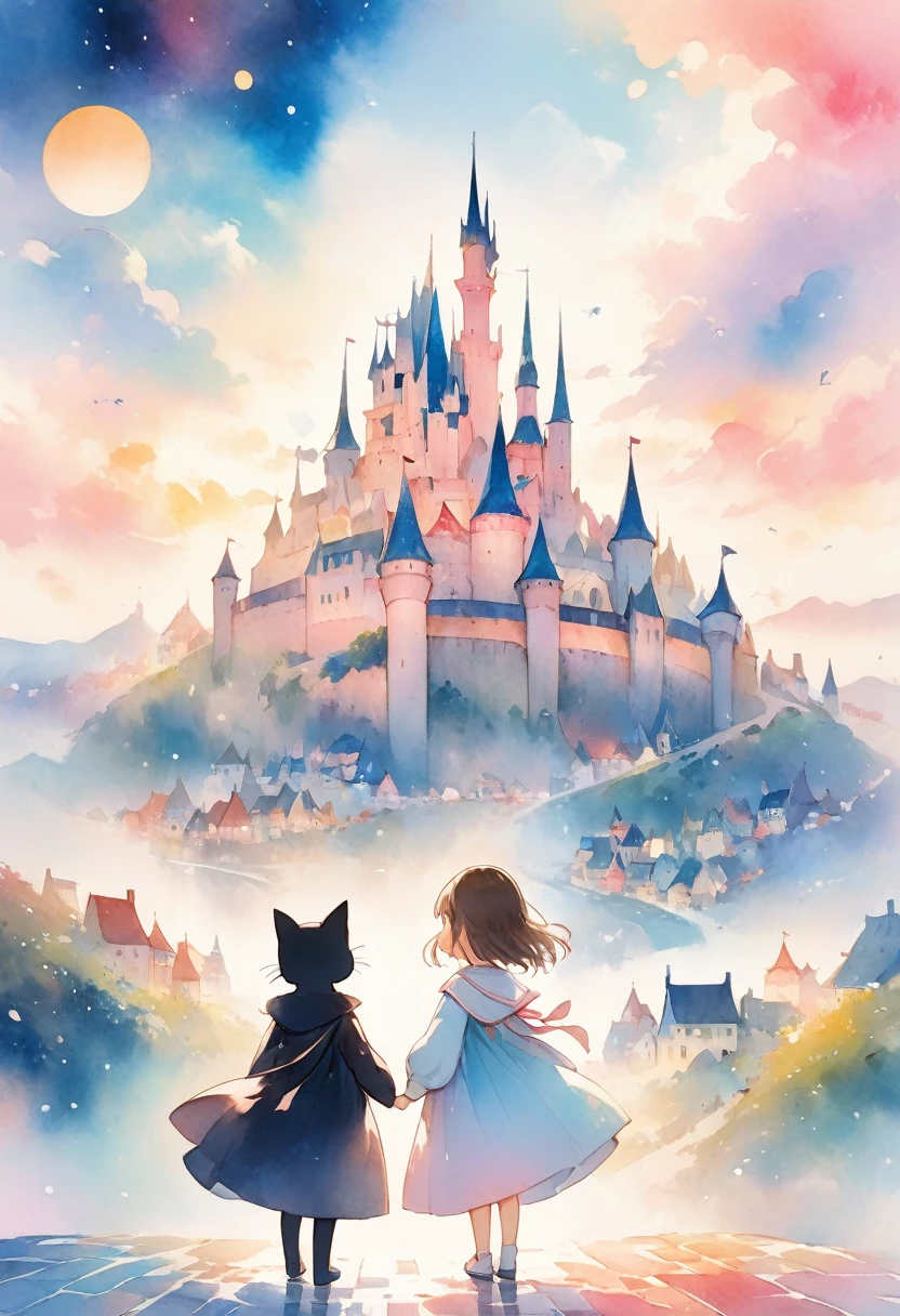 A background of anime-style illustrations with a calm and fantastical castle town theme。 Adding simplicity to mystery、A pale and fantastical worldview created with watercolors and soft pastel colors。 １With two black cats１Two girls are standing side by side looking at the city。