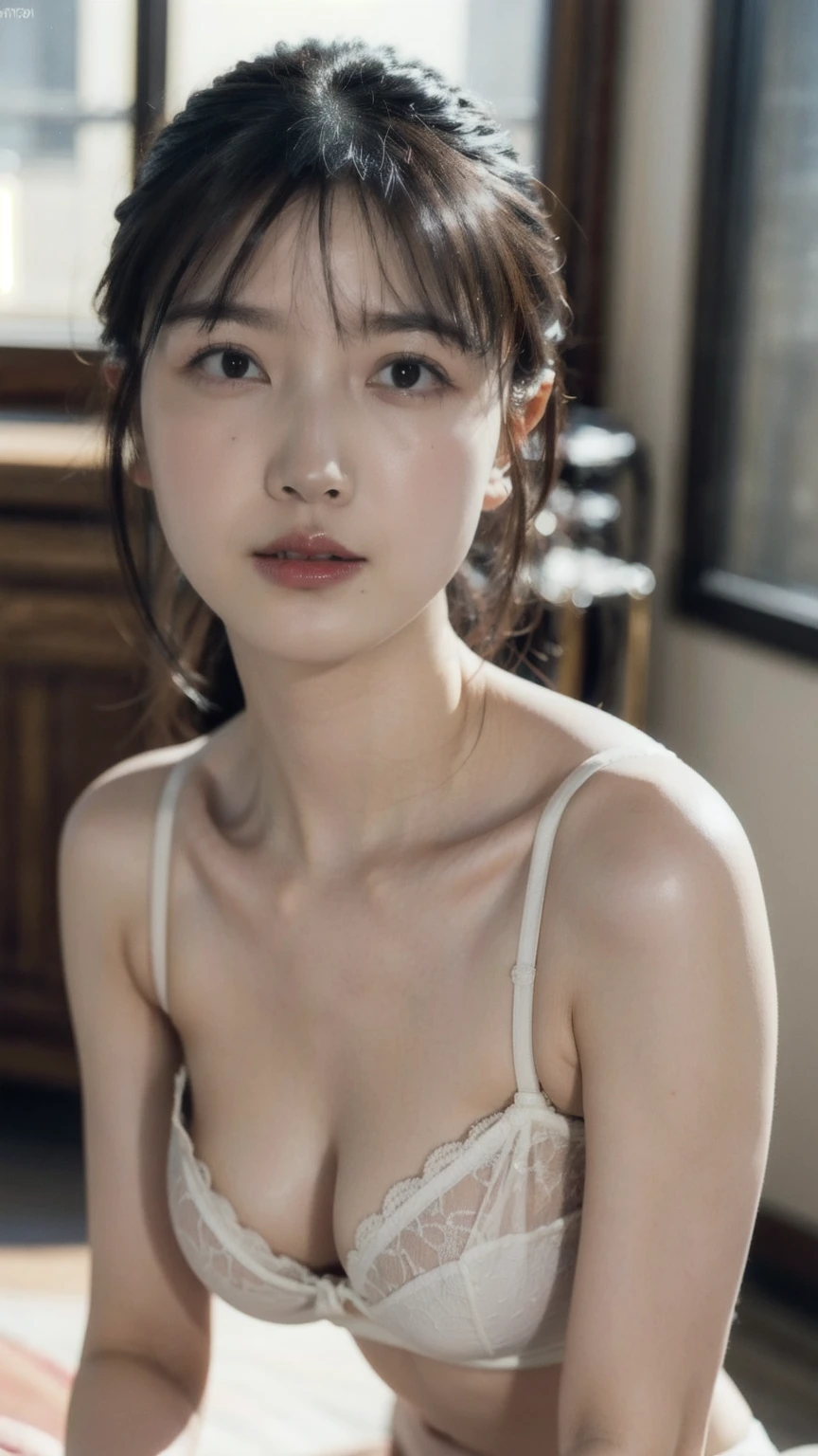 (From a straight above, bird's-eye perspective), 1girl, Realistic Chinese pretty teenage girls,12-years old,black long hair, pink colour silk lace nightdress，erotic, small breast,greasy, knelt on the ground, eye gazing up to the camera, with sweat on body, sweat on chrst, greasy body, greasy breasts, beside the window, holding chest, holding breasts, waiting for punishment