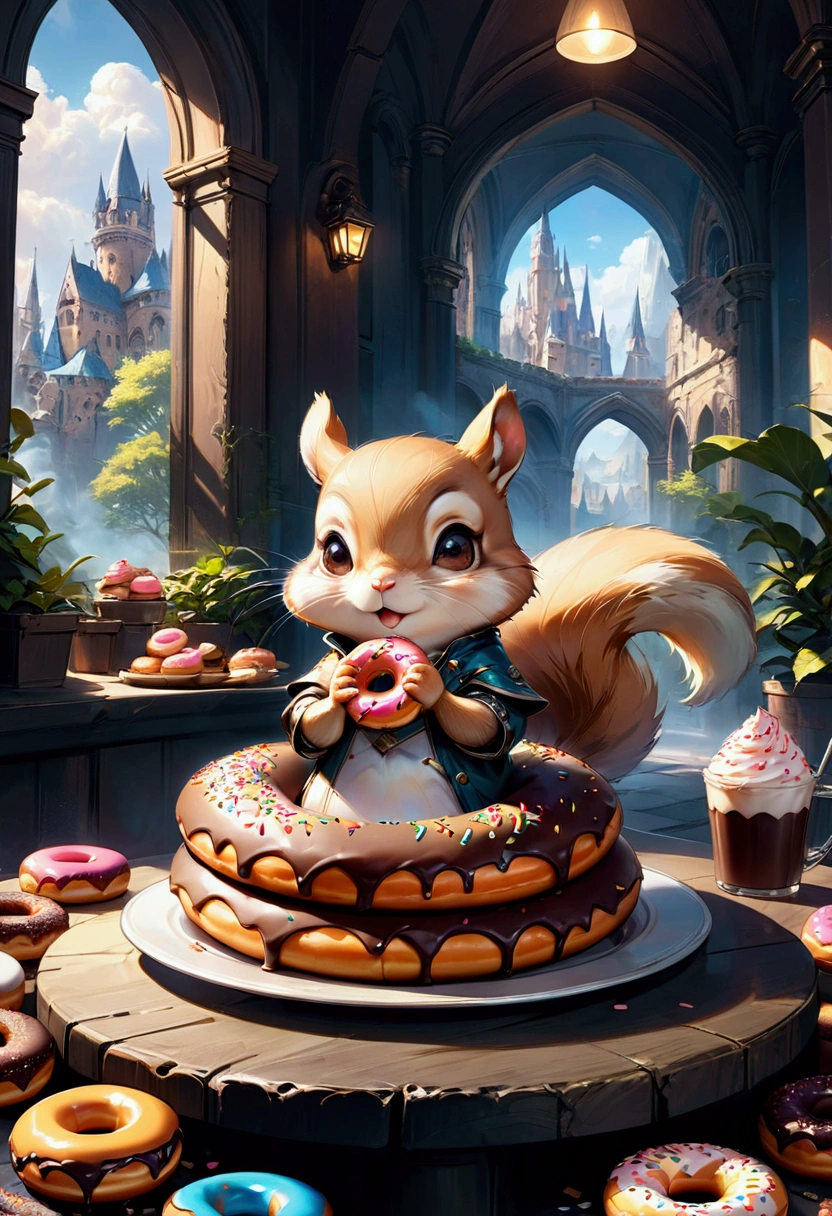 Eating Donuts, an adorable chipmunk holding a delicious donut with icing and sprinkles, centered, detailed matte painting, deep color, fantastical, intricate detail, splash screen, complementary colors, fantasy concept art, 8k resolution trending on Artstation Unreal Engine 5, masterpiece, best quality, very aesthetic, absurdres