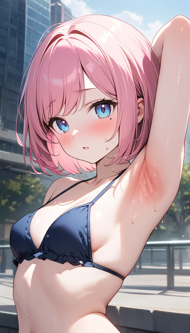 (1 girl),(Best Picture Quality, 8K, Masterpiece:1.3), (high student:1.5), ((pink lob hair:1.1)), (bob cut),(swept bangs), (cute eyes, pupil black, iris skyblue, youthful face), (mole under right eye), (standard weight), (small breasts), (glistening skin:1.1),(pale skin:1.2),((showing armpits)),((bikini)),(flustered),(sweat),((fog skin:1.1)),(Beijing:1.2),((extremely detailed armpits)),((extreme close up armpit:1.3)),slightly high angle, urban cityscape background with tall buildings, streets, and heat haze effects, midday sun, feeling very hot and uncomfortable,