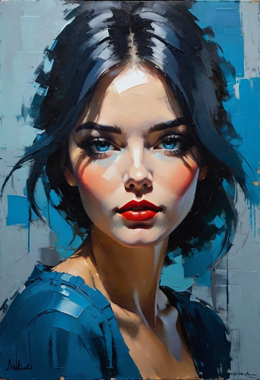 Create a contemporary portrait of a person in the expressive and painterly style of Malcolm Liepke, ((speed painting))+++ portrait of woman, palette knife painting, painted in impressionist style, brushstroke painting technique, large strokes, bright blue, very dark gray, and light grayish blue.