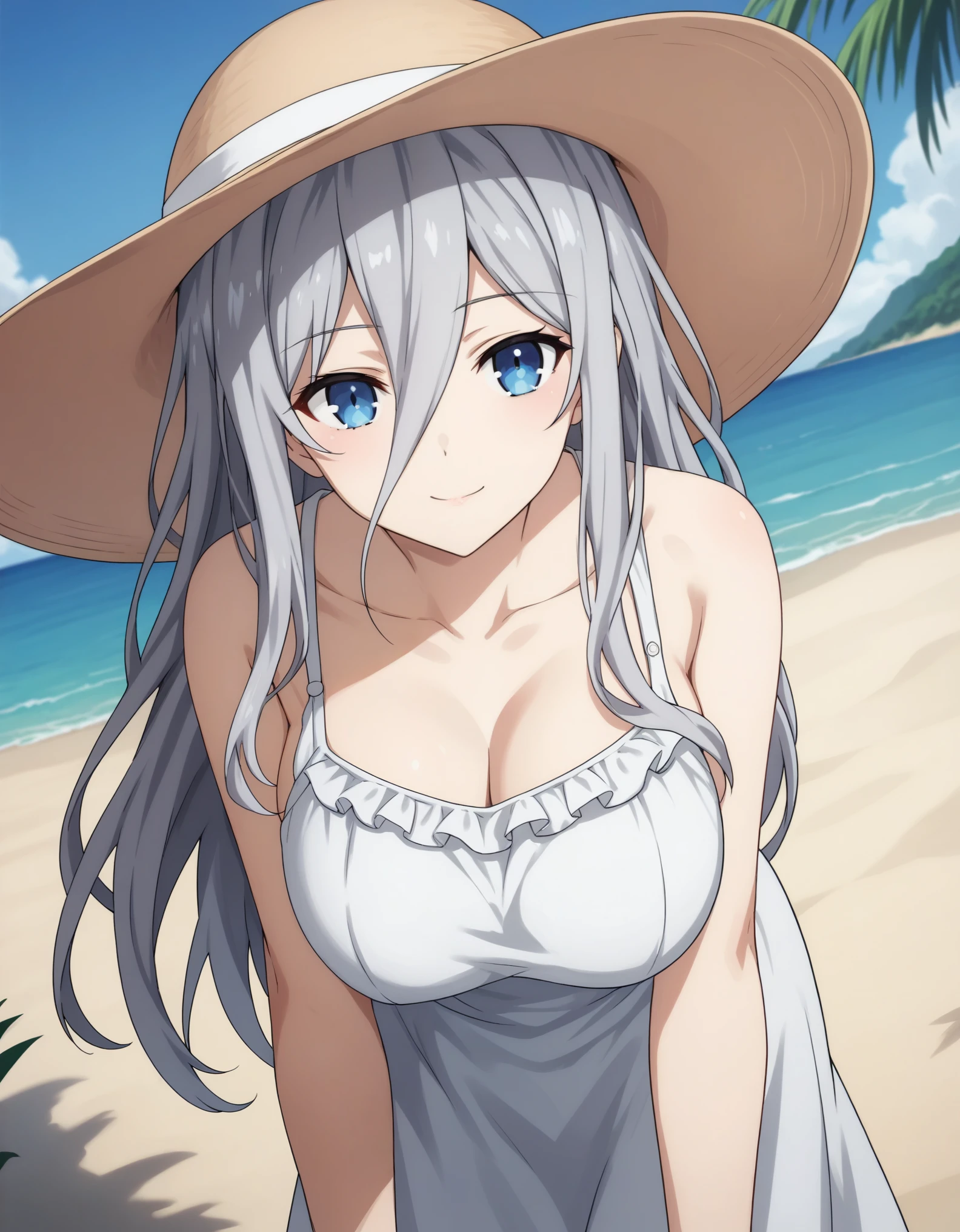 score_9, score_8_up, score_7_up, source_anime, reinamurasame,  reina murasame, long hair, blue eyes, grey hair, hair between eyes, hat, big breast, dress, bare shoulders, collarbone, sleeveless, white dress, sleeveless dress, sun hat, sundress, outdoors, beach, bent over, smile, looking at viewer, solo, cowboy shot, dutch angle,