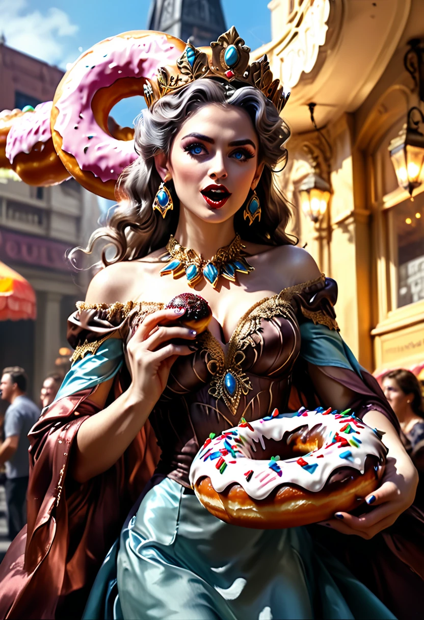 an oil painting portrait of a queen eating a (an epic donut: 1.3), an exotic exquisite beautiful queen, dynamic hair color, wavy hair, dynamic eyes color,  intense eyes, wearing glamour silk dress, intricate detailed dress, dynamic color dress, dynamic style dress, wearing diamond crown ((eating  a large donut: 1.3)),  (cherries: 1.1), (whipped cream: 1.1), (chocolate bar: 1.1)  fantasy pastry shop background,  vibrant, Ultra-high resolution, High Contrast, (masterpiece:1.5), highest quality, Best aesthetics), best details, best quality, highres, 16k, [ultra detailed], masterpiece, best quality, (extremely detailed) RAW, (ultra details, Masterpiece, best quality),   , Intense gaze, blood, Cinematic Hollywood Film
