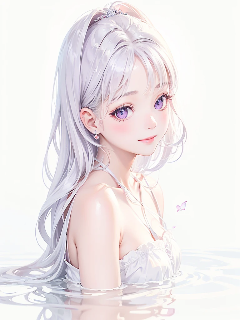 Beauty, High nose, Long eyelashes, 目にLight, Pink Lips, Closed Mouth, Light, Fluttering Hair, 目にLight, White Skin, Big eyes, Get wet, cute, 30 years old, glossy, charm, Real, null, smile, Gray Hair, White Dress, Updo, profile, Violet eyes, princess, sweet, White background