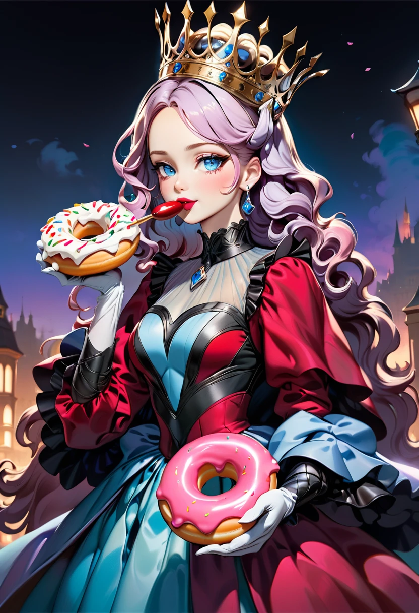 an oil painting portrait of a queen eating a (an epic donut: 1.3), an exotic exquisite beautiful queen, dynamic hair color, wavy hair, dynamic eyes color,  intense eyes, wearing glamour silk dress, intricate detailed dress, dynamic color dress, dynamic style dress, wearing diamond crown ((eating  a large donut: 1.3)),  (cherries: 1.1), (whipped cream: 1.1), (chocolate bar: 1.1)  fantasy pastry shop background,  vibrant, Ultra-high resolution, High Contrast, (masterpiece:1.5), highest quality, Best aesthetics), best details, best quality, highres, 16k, [ultra detailed], masterpiece, best quality, (extremely detailed) RAW, (ultra details, Masterpiece, best quality),   , Intense gaze, blood, Cinematic Hollywood Film
