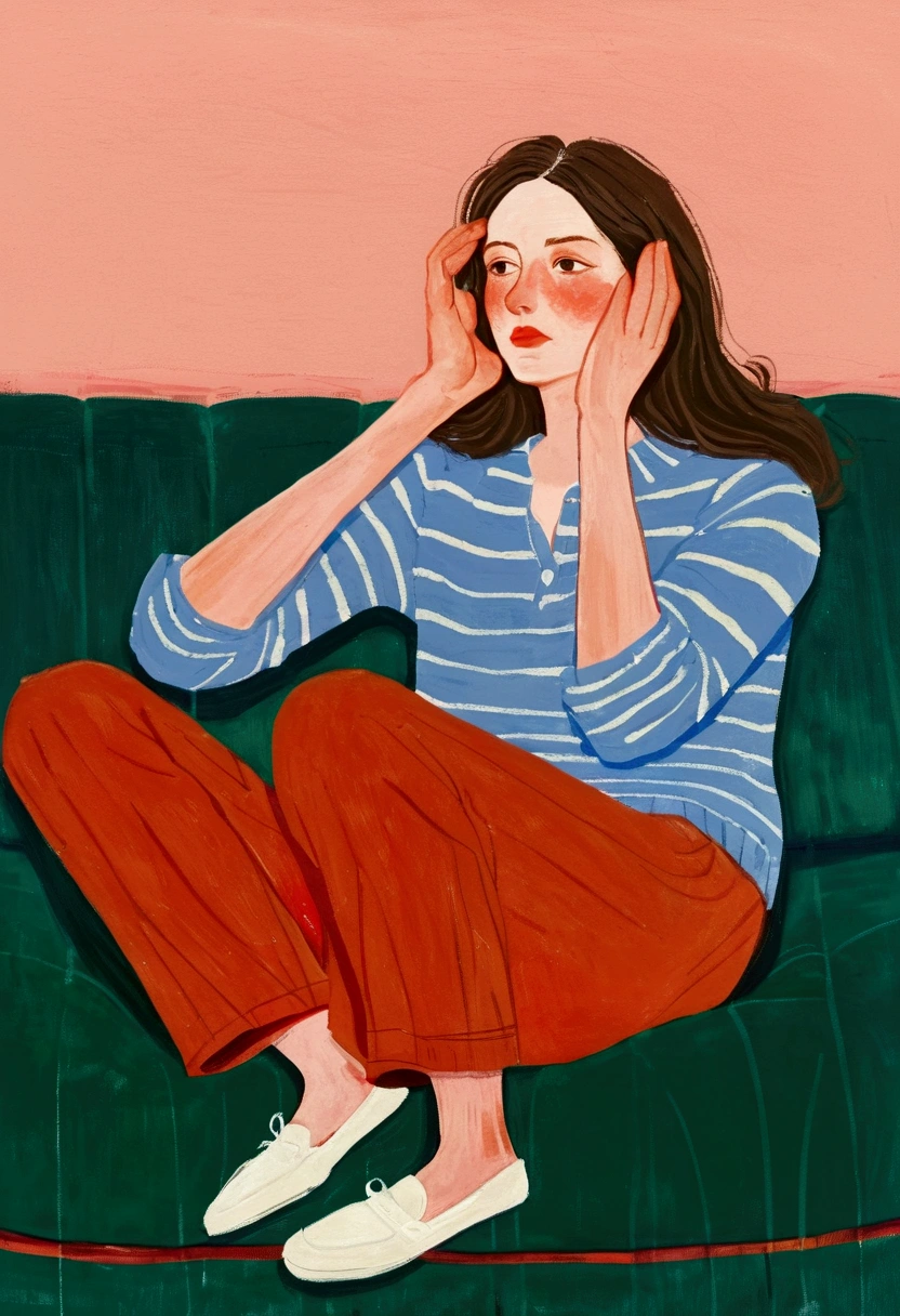 A man&#39;s sitting on a couch with his head in his hands, Gouache by Alex Katz, cg Social Hotspot, Childish Art, A man&#39;s, Painting of a woman, painting illustration, solo portrait 🎨🖌️, painterly illustration, illustration painting, illustration!, illustration | Rutkowski, 2 d gouache illustration, Woman sitting