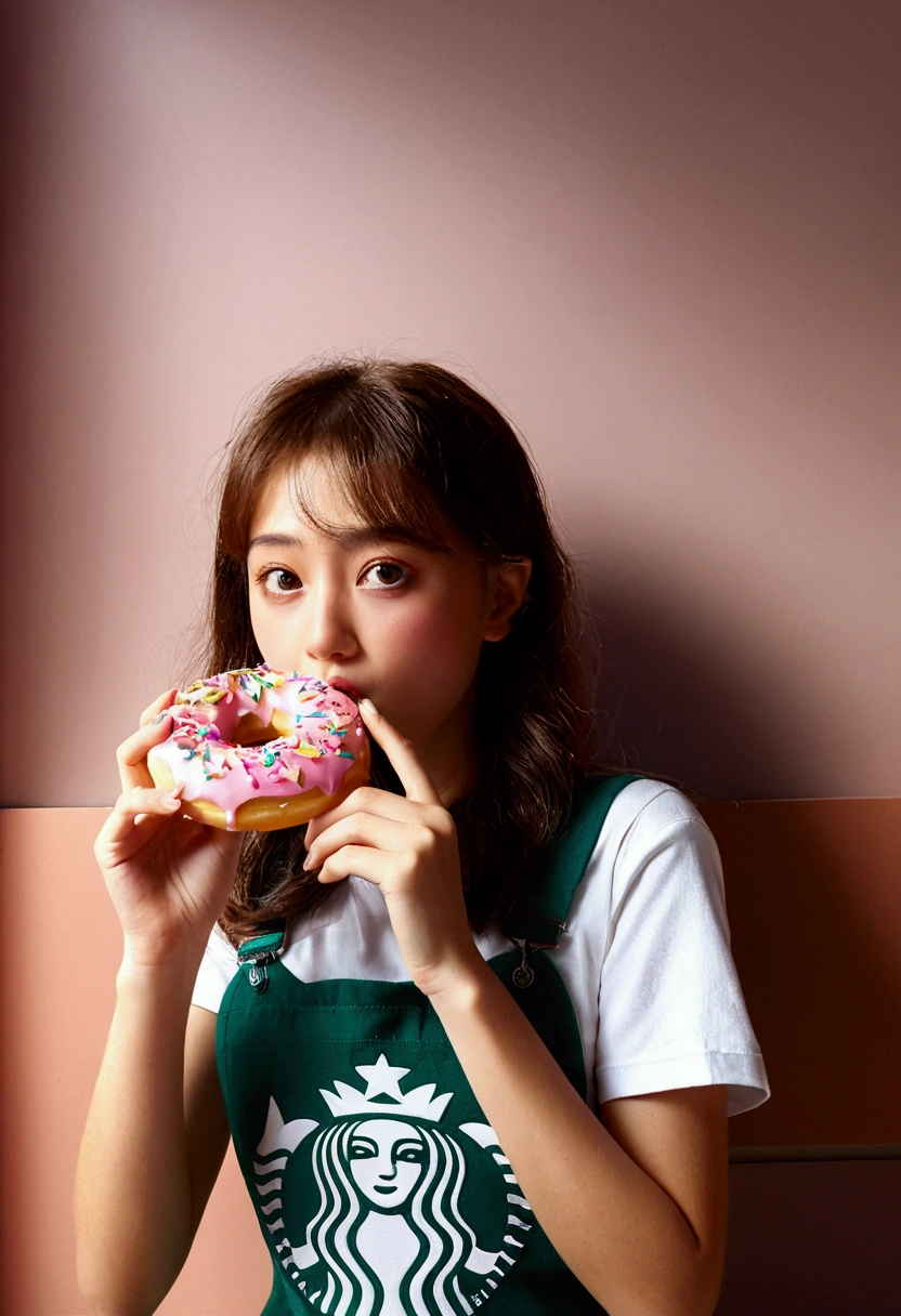 (girl Eating Donuts), photography, untitled, in the style of light pick and Starbucks color, luminous shadows, flat figuration, high gloss, full body, award-winning, cinematic still, emotional, vignette, dynamic, vivid, (masterpiece, best quality, photorealistic, Professional, perfect composition, very aesthetic, absurdres, ultra-detailed, intricate details:1.3)