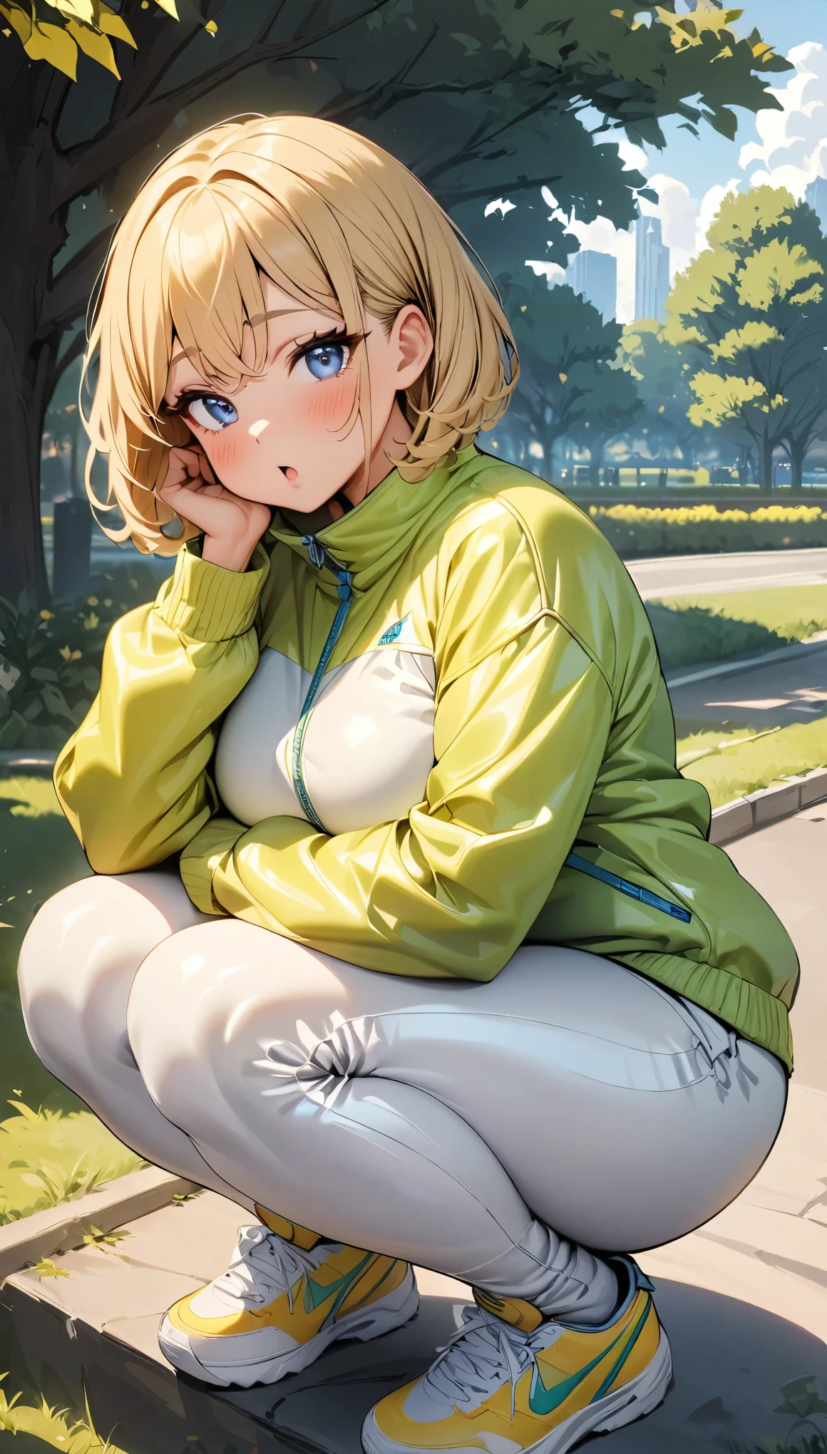 best quality, masterpiece, small breasts, smile, sweatshirt, leggings, outdoors, anime style, grass field, daytime, blue sky, blue eyes, detailed eyes, medium hair, blonde hair, loose hair, bangs, lying down,