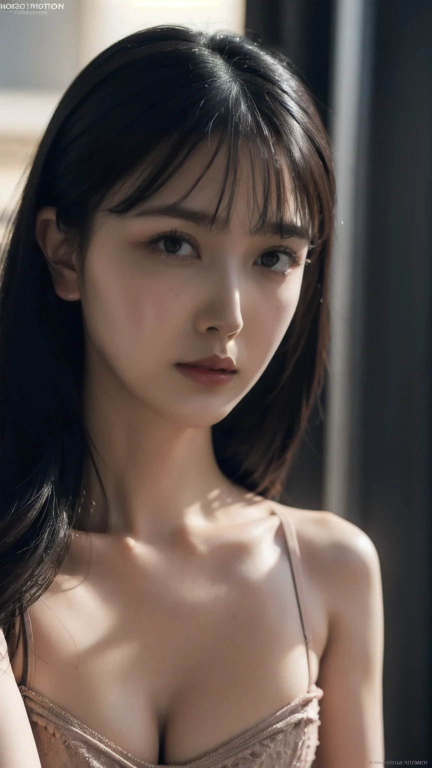 masterpiece, best quality, RAW photos, high resolution, hyper-detailing, Focus on the face, looking at viewer, Detailed eyebrows, realistic beautiful eyes, realistic glossy skin, straight Bangs, realistic movie lighting, detail shaded, high contrast, Slender, big boob, Big breasts, Exposed cleavage, nsfw, Sexy face, Facial expressions when receiving pleasure, ((Dark background)),