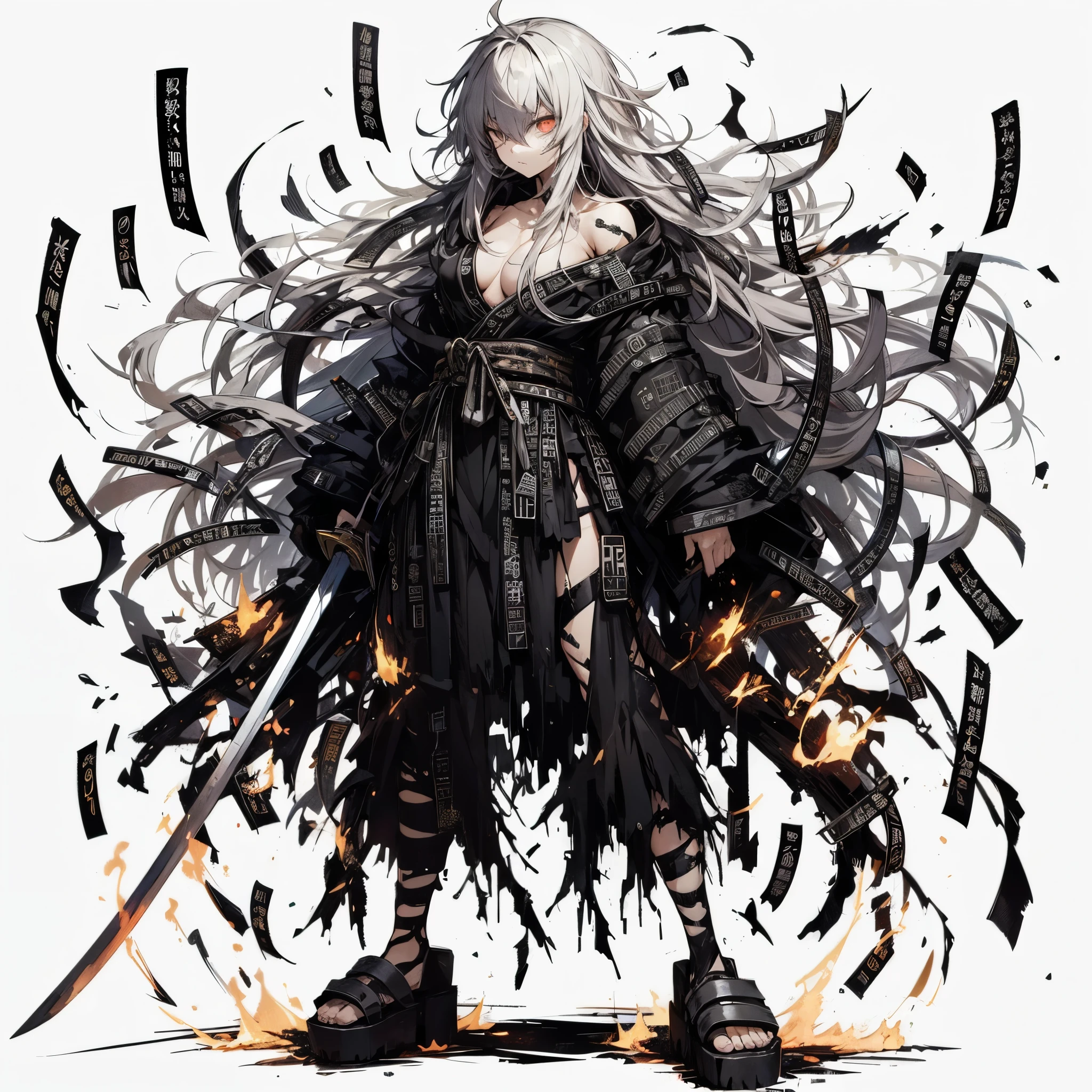(Masterpiece, Top Quality), (Fine Hair), Ultra-Detailed, Anime Style, Solo, Full Length, ultra-massive. muscular, Cyberpunk ninja girl, wearing a shredded black kimono with strips of paper stacked on top of each other with eerie kanji shadowed on them. She holds a black and white sword, has shaggy long silver hair, eyes that burn hell flame, wears clogs, and stands on burning earth, White background, standing full length,
