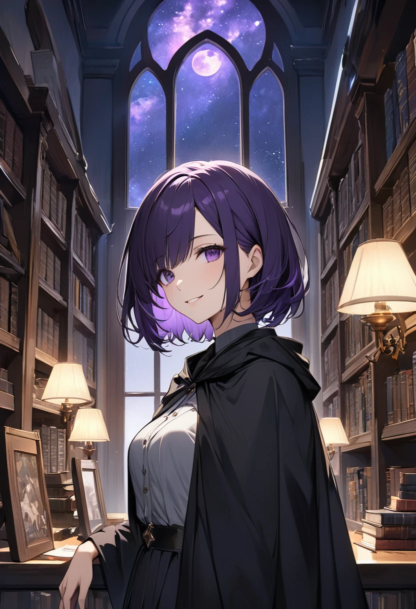 I don't have my left eye.、Medium Short Hair、Black and purple hair、Mysterious Beauty、Wearing a black cloak、Cool and intelligent、Provocative smile、Living alone in an old Western library、Adult female、Late 30s、slender、The window is the night sky