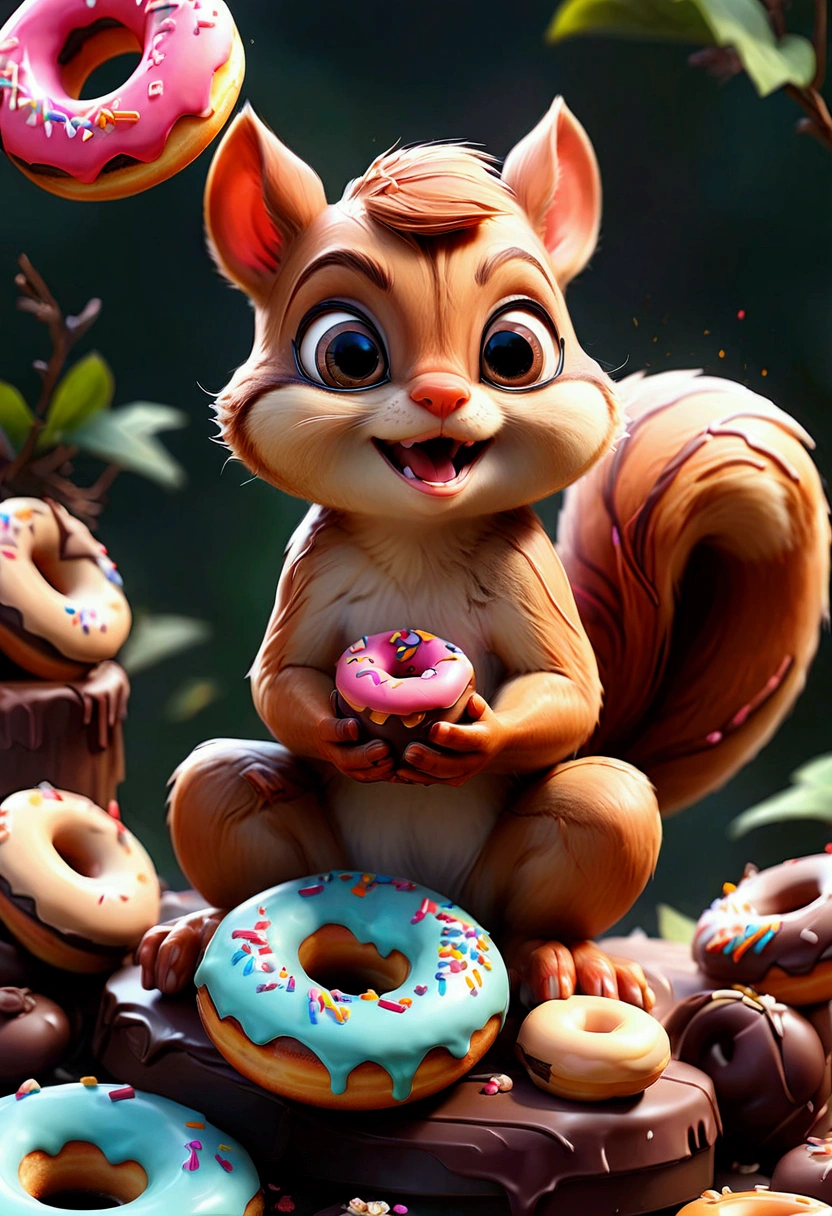 Eating Donuts, an adorable chipmunk holding a delicious donut with icing and sprinkles, centered, detailed matte painting, deep color, fantastical, intricate detail, splash screen, complementary colors, fantasy concept art, 8k resolution trending on Artstation Unreal Engine 5, masterpiece, best quality, very aesthetic, absurdres