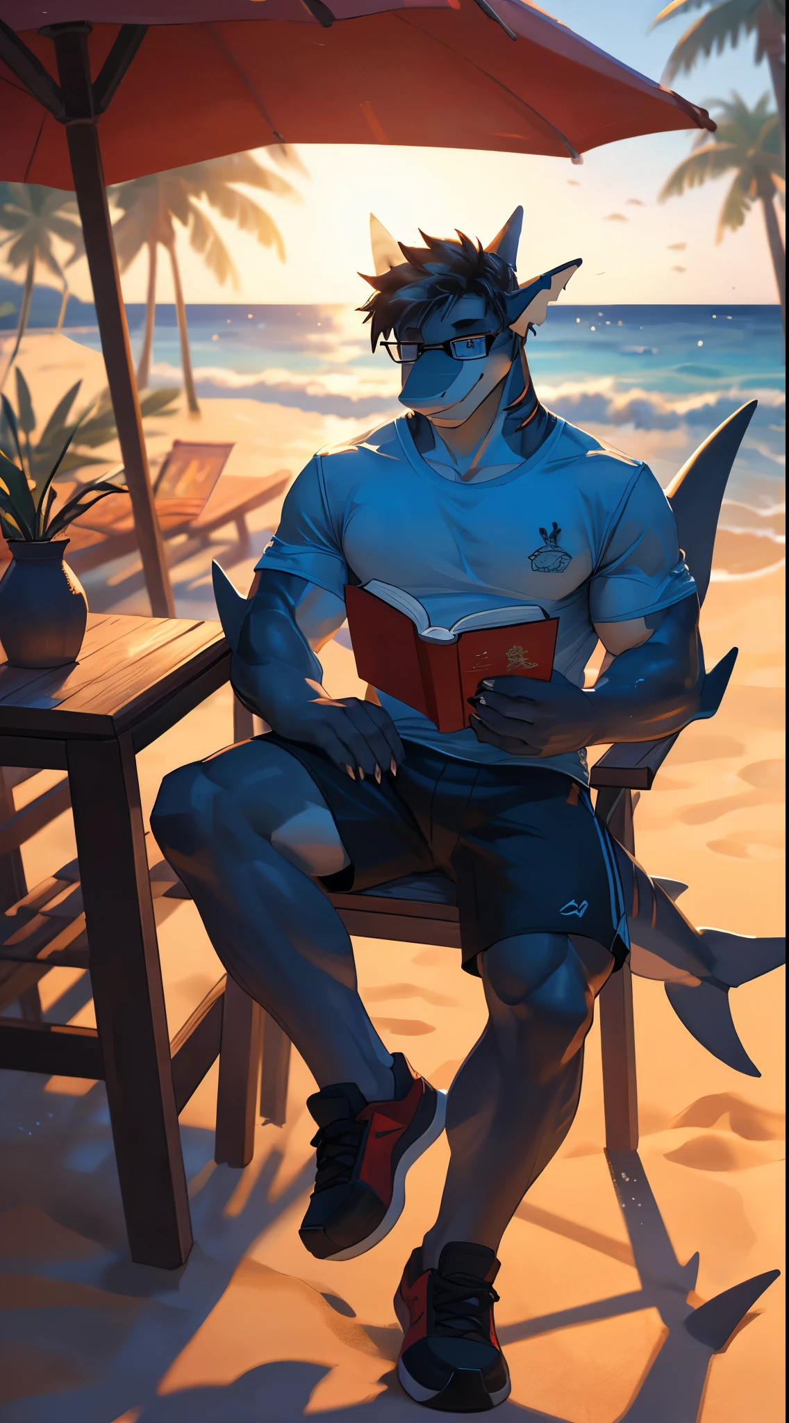 Masterpiece, high quality, muscular werewolf, young adult, tall stature, light blue and white fur, sunny and cheerful personality, red and black athletic shorts, midsummer beach, lying on a beach chair with an umbrella