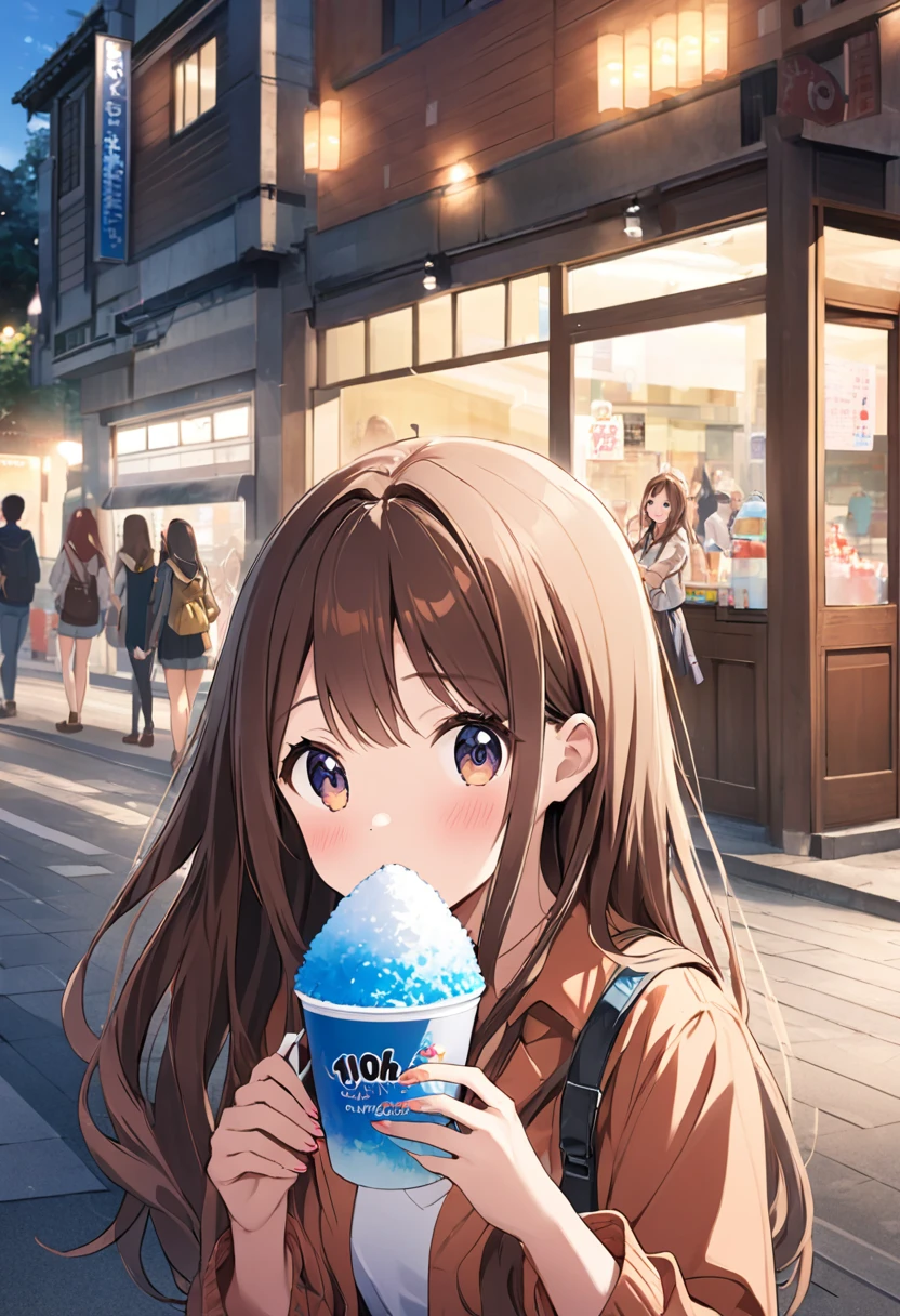 woman,cute,10th Generation,university student,Brown Hair,Long Hair,Date,City,shaved ice,