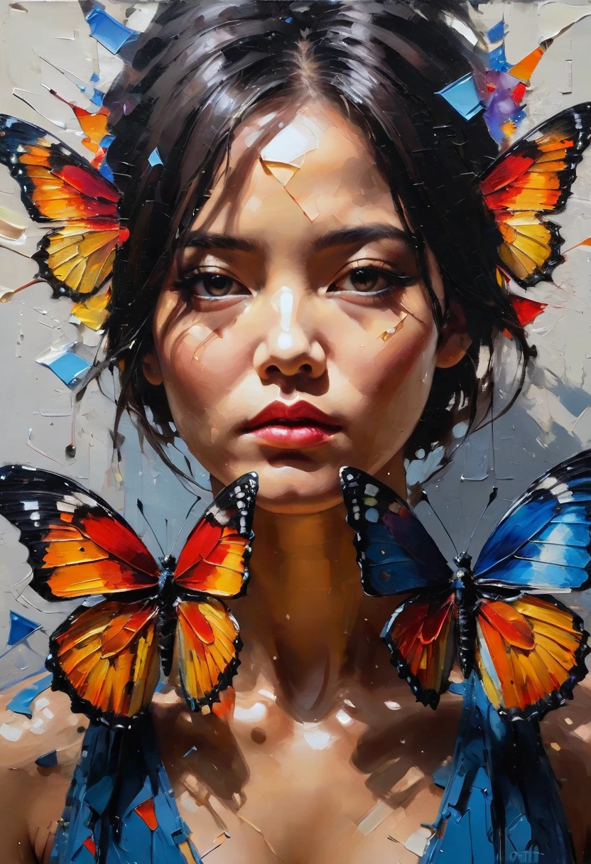 a painting of a 
butterfly made of torn pieces, intricate and intense oil paint, abstract portrait, intricate oil painting artwork, wadim kashin. ultra realistic, detailed impasto, portrait made of paint, nielly, intricate and wet oil paint, oil paint, trending artistic art, artist unknown, pained expression, ryan hewett