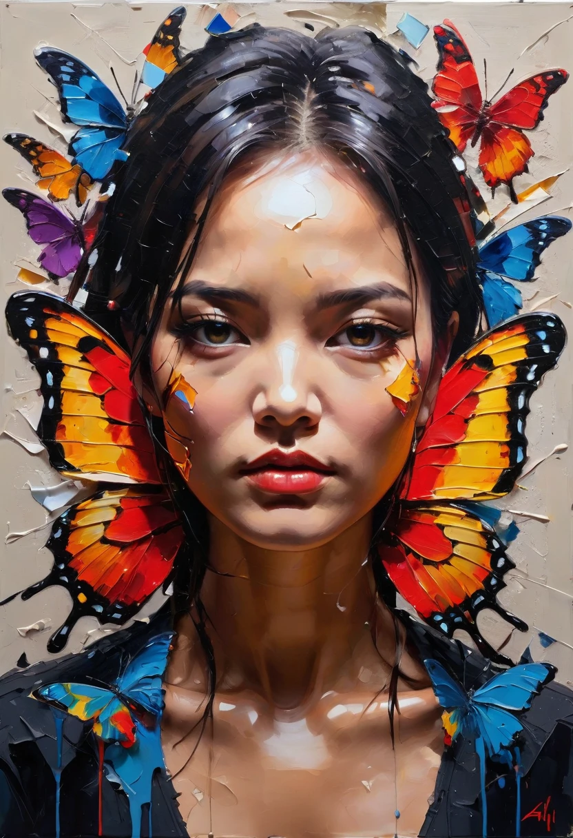 a painting of a 
butterfly made of torn pieces, intricate and intense oil paint, abstract portrait, intricate oil painting artwork, wadim kashin. ultra realistic, detailed impasto, portrait made of paint, nielly, intricate and wet oil paint, oil paint, trending artistic art, artist unknown, pained expression, ryan hewett