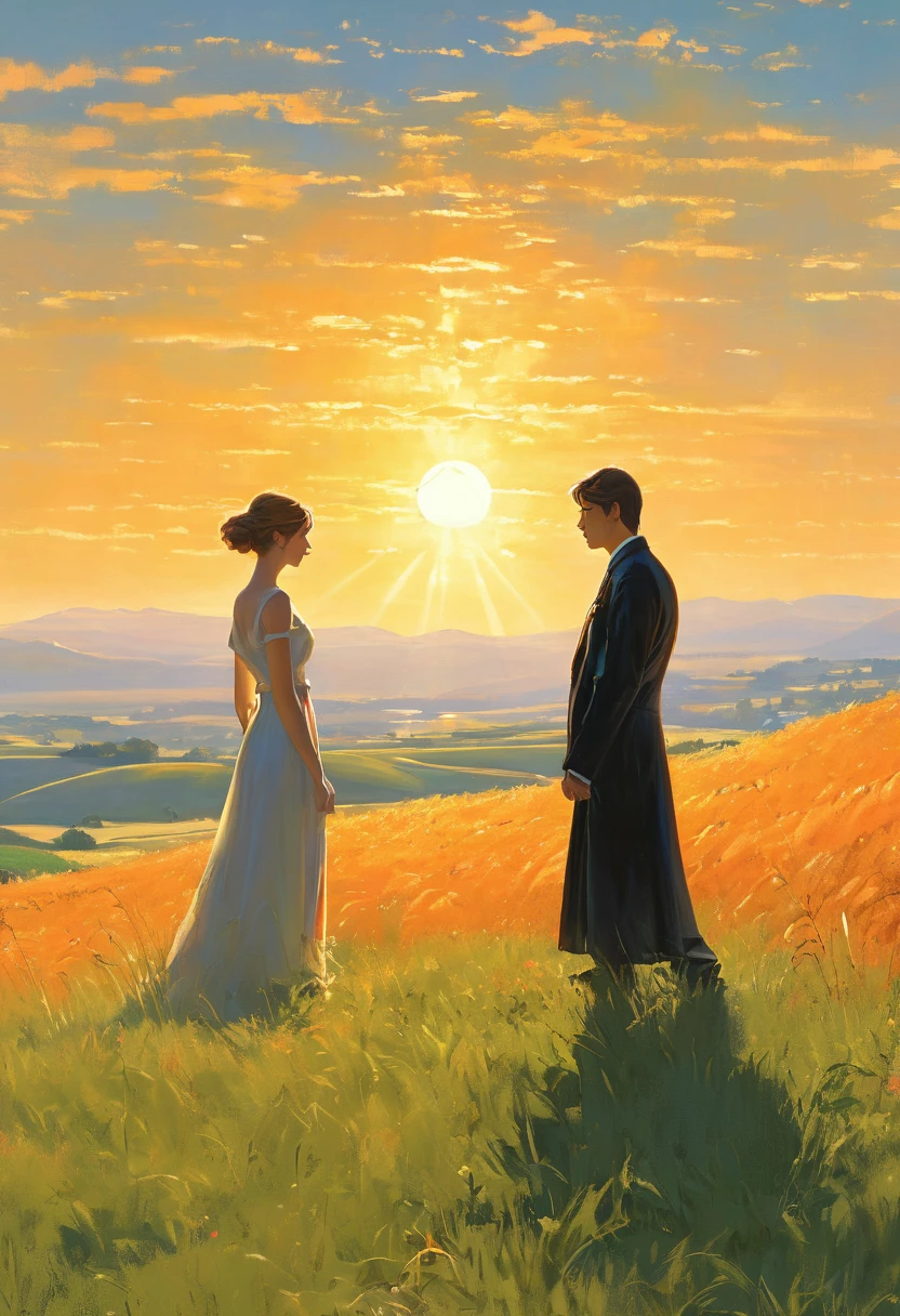 A pair of youthful lovers stand atop a sunlit hill overlooking a vast expanse of grassland, the vibrant sun casting a warm orange glow. In the distance, a sleek black JDM car adds a modern touch to the serene landscape. This picturesque scene, likely a photograph, captures the couple's idyllic moment perfectly. The man exudes youthful vitality, his tousled hair catching the sunlight, while the girl radiates a sense of gentle beauty, the wind gently tousling her flowy attire. Their body language speaks of intimacy and affection, painting a scene of young love in all its purity and innocence. Each detail is rendered with exquisite attention, from the blades of grass underfoot to the horizon stretching out into the distance, creating a visually stunning snapshot of a fleeting moment of romance.