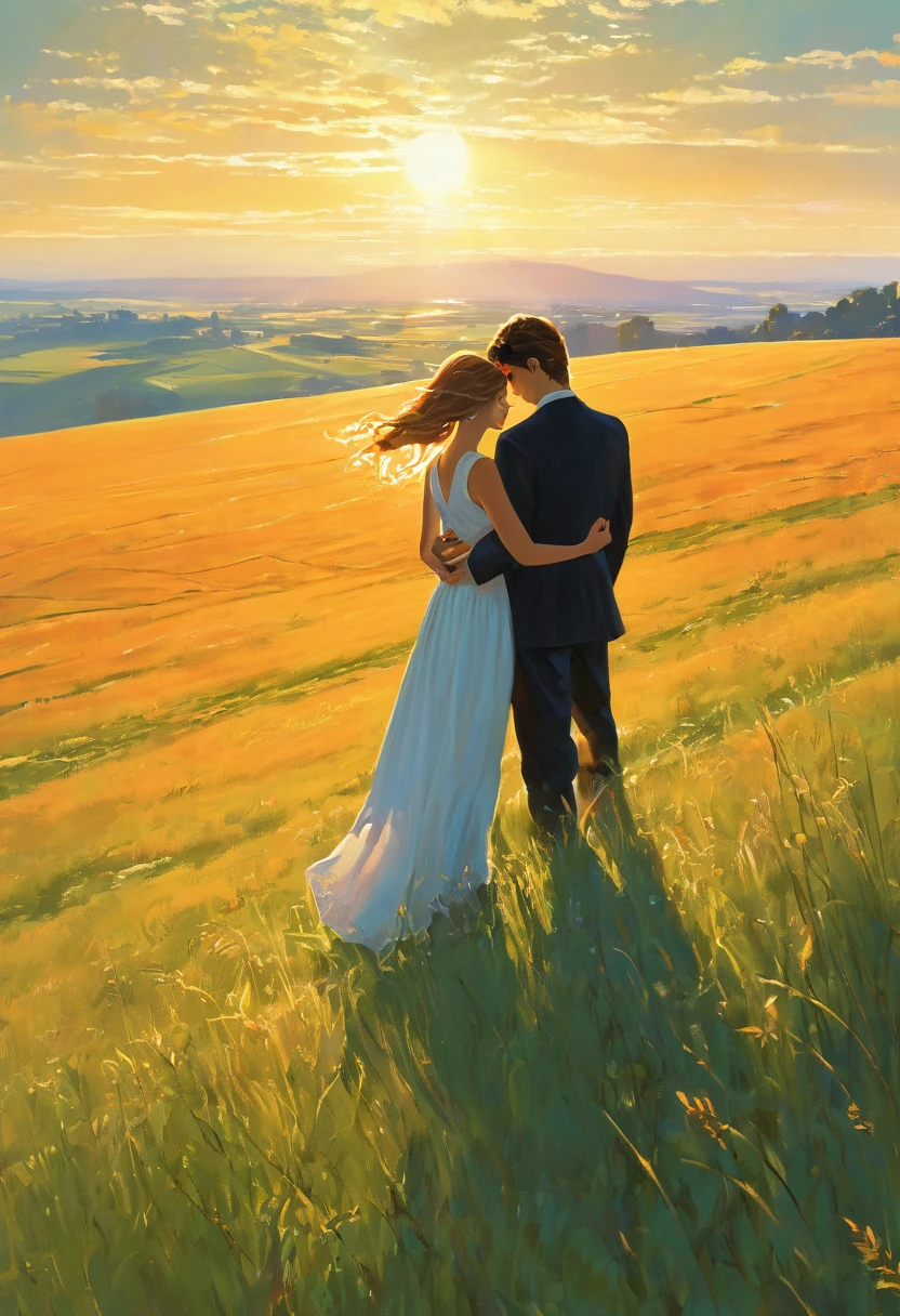 A pair of youthful lovers stand atop a sunlit hill overlooking a vast expanse of grassland, the vibrant sun casting a warm orange glow. In the distance, a sleek black JDM car adds a modern touch to the serene landscape. This picturesque scene, likely a photograph, captures the couple's idyllic moment perfectly. The man exudes youthful vitality, his tousled hair catching the sunlight, while the girl radiates a sense of gentle beauty, the wind gently tousling her flowy attire. Their body language speaks of intimacy and affection, painting a scene of young love in all its purity and innocence. Each detail is rendered with exquisite attention, from the blades of grass underfoot to the horizon stretching out into the distance, creating a visually stunning snapshot of a fleeting moment of romance.