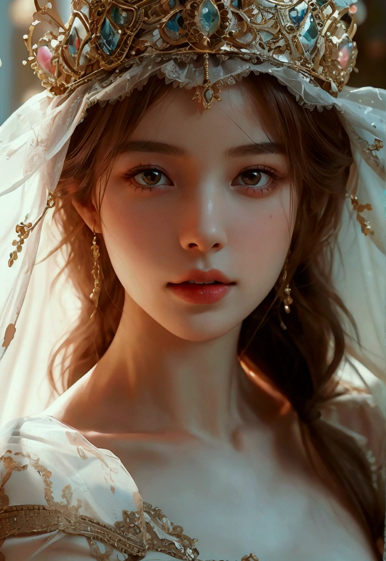 Create high resolution photos, Beautiful young woman wearing a sexy princess dress, The see-through fabric is so thin that the wearer'Cracks and skin can be seen.., She spread her legs slightly wide to show off her legs.., She has a slim face.., sharp eyes, long hair, responsive face, high nose, and thin lips, Her breasts are 32 inches long with pink nipples.., Her waist is 24 inches.., Her hips are 33 inches.., Her skin was white and radiant.., She has light brown hair.., And her figure was slim and slightly muscular...