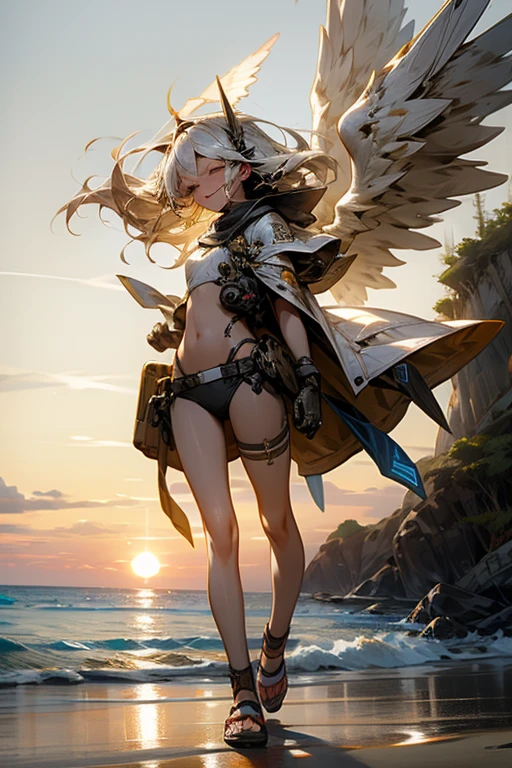 On a summer evening, with the sunset lighting up the beach,
BREAK
a high school girl walks on the sand wearing beach sandals.
BREAK
She is dressed in clothes resembling a bikini, her hair flowing in the wind.
BREAK
She smiles and winks, with everything around her sparkling. angel wings,droid,MECA,robot