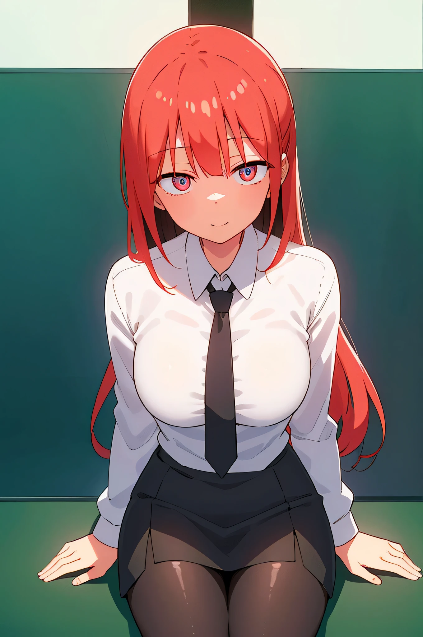 hand、hand、Tall Woman、Long Hair、smile、bangs、High school girls、Big Breasts、A woman with very large breasts、(Red Eyes:1.2)、ponytail、Redhead、BREAK  shirt、Long sleeve、Jacket、White shirt、tie、Collared shirt、skirt、Black jacket、black skirt、Pleated skirt、formal、Black Pantyhose、suit、Yellow tie、Tucked in shirt、class room lady、BREAK indoors、classroom、BREAK looking at viewer、BREAK (masterpiece:1.2)、Highest quality、High resolution、unity 8k wallpaper、(figure:0.8)、(Detailed and beautiful eyes:1.6)、Highly detailed face、Perfect lighting、Extremely detailed CG、(perfect hand、Perfect Anatomy)、sitting on a big black cock.