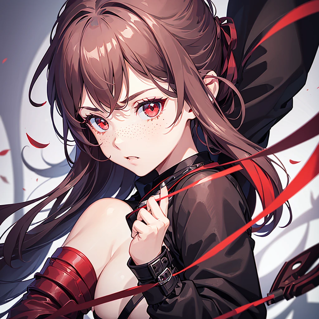 1girl,beautiful detailed eyes, red eyes ,  Long  Brown hair, serious face, Fingerless gloves, Black skirt, black top, red jacket, black boots, baseball bat in hand , light skin color, Purple ribbon, freckles on her face, black hair band, Two arms, two legs, 