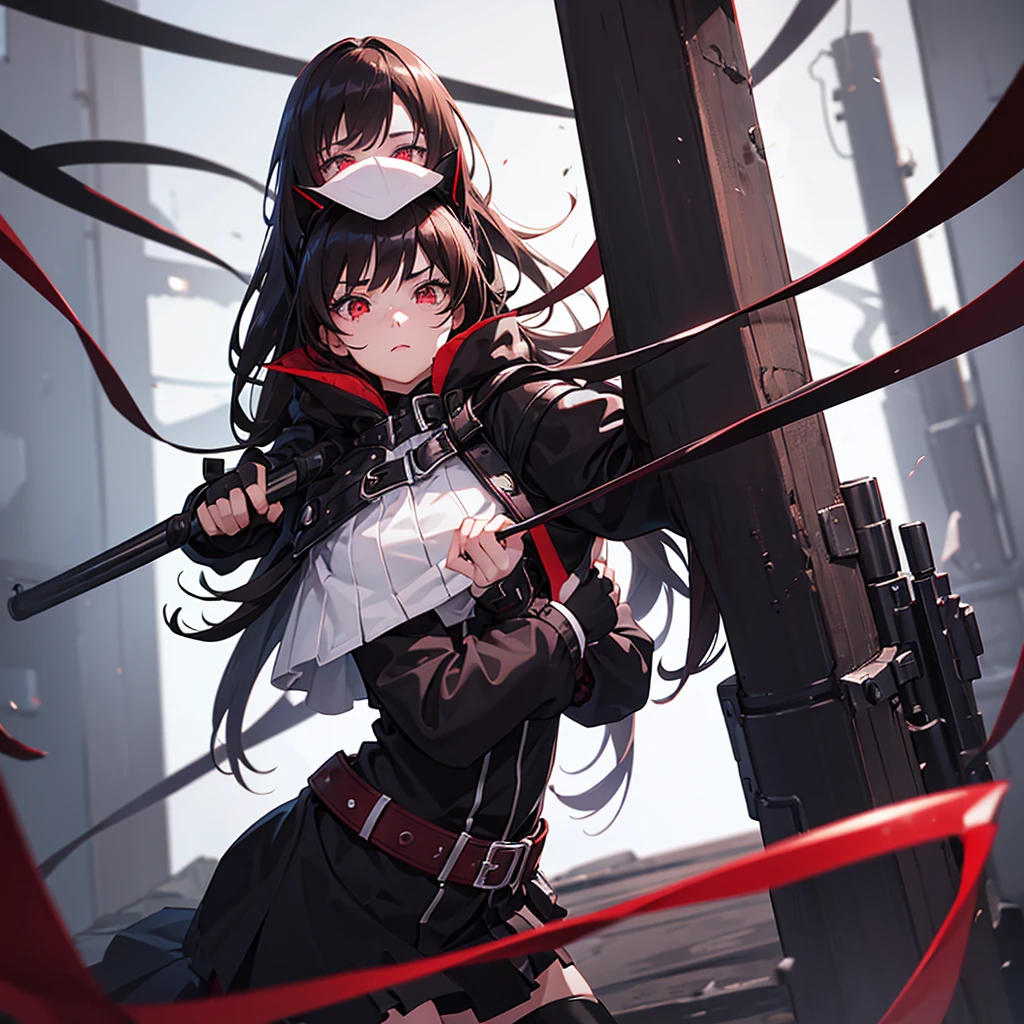 1girl,beautiful detailed eyes, red eyes , Long Brown hair, serious face, Fingerless gloves, Black skirt, black top, red jacket, black boots, baseball bat in hand , light skin color, Purple ribbon, freckles on her face, black hair band, Two arms, two legs,