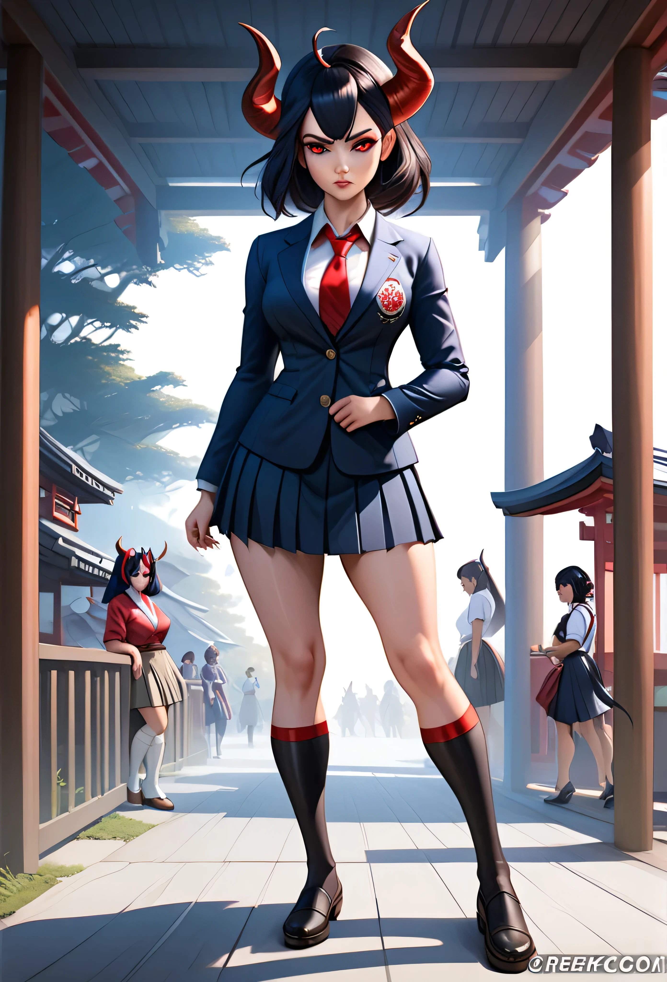 anime girl with horns, demon anime girl, demon girl, mika kurai demon, oni horns, artgerm and atey ghailan, anime style 4 k, japanese demon girl, ayaka genshin impact, tiefling, ryuko matoi, giesha demon, demon slayer rui fanart, japan, school outfit, spats, skirt, blazer, full body shot