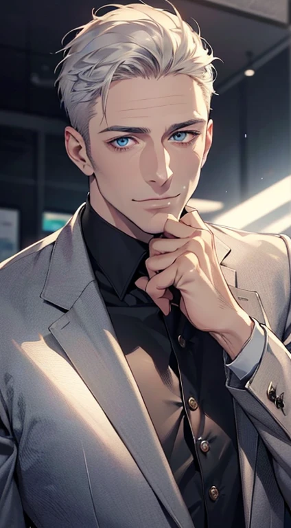 (best quality,4k,8k,highres,masterpiece:1.2),ultra-detailed,(realistic,photorealistic,photo-realistic:1.37),1 man,34 years old,mature man,very handsome,without expression,smile,short white hair,blue eyes,penetrating gaze,perfect face without errors,imposing posture,businessman,office background,cinematic lighting,hdr image