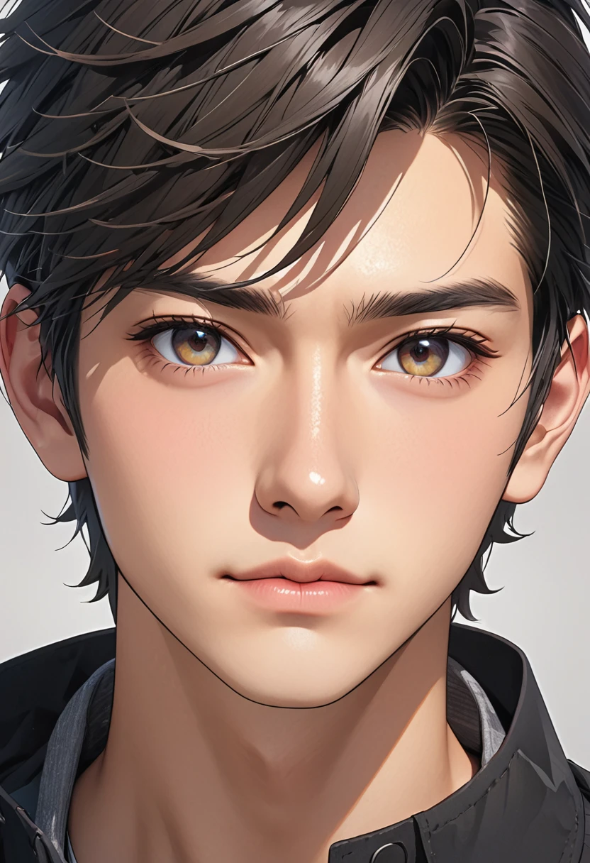 High resolution square icons、Close-up of a young adult man&#39;s face with a cool look、Features include:： - age：25 years old - Expression：自信To満ちた眼差し、わずかTo挑戦的な微笑み - 髪型：Medium length、Two-block up bangs、後ろTo流したオールバック風 - サイドと後ろは短く刈り上げ - トップは長めで後ろTo流している - 髪色：ダークブラウンをベースTo、Subtle highlights（Deep red and purple tones） - Facial features：Sharp jawline、High cheekbones、Shaped Nose - Accessories：片耳To小さなシルバーのフープピアス、眉毛Toさりげないピアス 背景： - Abstract rock and roll motifs（Electric guitar、Amplifier、The shape of musical notes, etc.）をシルエットで配置 - 全体的To落ち着いた色調（Deep burgundy or navy blue）To、Subtle neon accent texture： - 顔と髪To細かいグランジテクスチャを適用（砂粒よりも繊細To） - 背景Toは粗いブラシストロークや飛沫のような効果を加える スタイル： - High contrast、Mature color palette - Semi-realistic style with a stylized edge - Lighting：With soft light from above、Creating three-dimensional shadows Additional points to note： - The charm of a mature man、Balance the rock vibe - the overall composition is sophisticated、視線を引きつけるものToする