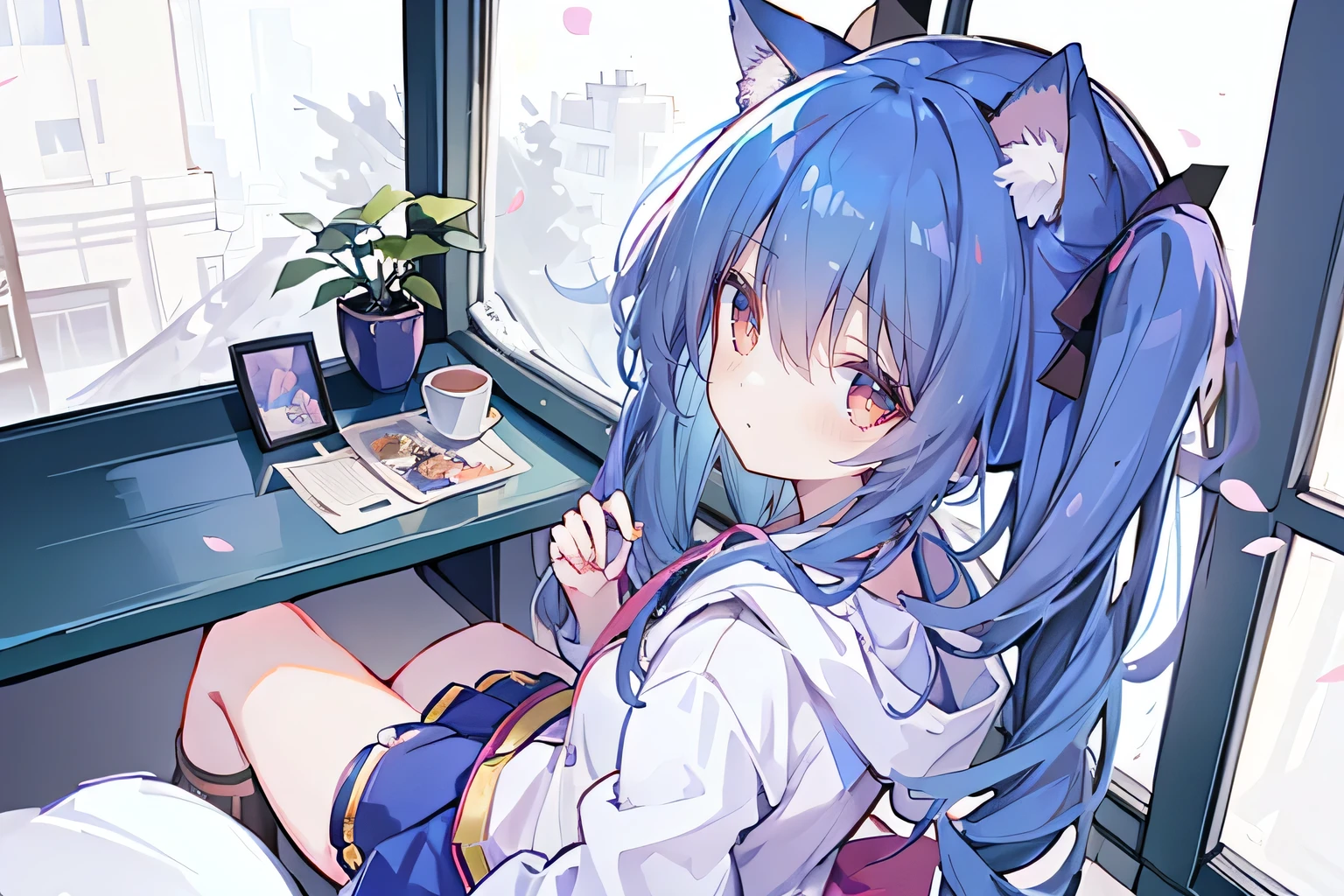 (masterpiece:1.2),Super detailed,lifelike,Expressive eyes,fair skin,perfect face shape,1 girl,
Japanese comics,Gorgeous blue hair,flowing blue hair,flowing clothes,Cat ears,Petals fall,beautiful lola,Baby Angel,
Cross your legs,Gentle and peaceful background,The pavilion is cool and comfortable,smile, wearing hoodie, background of tokyo,back views,heavy snowing, winter.sitting on window sill drinking coffee and looking out the window.