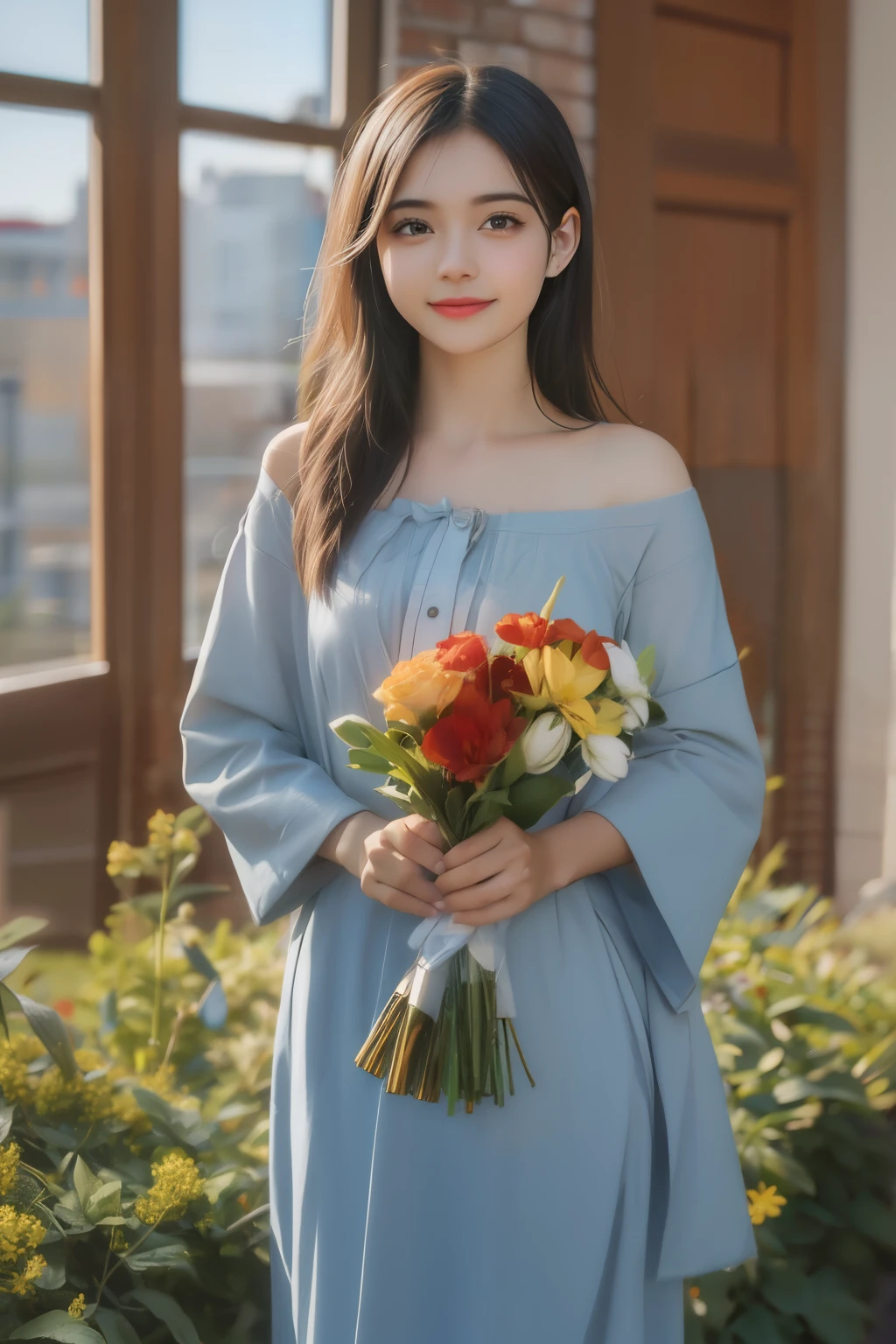 five people standing together.，holding a bouquet, Graduation photo,  family, wearing academic attire, After graduating from college, Photo taken in 2023, happy 