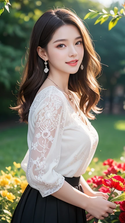 (Highest quality、 8k 、masterpiece、High resolution)、Young lovely woman、Ample breasts、Beautiful clavicle、Slender beauty、(Brown hair medium、My hair is blowing in the wind、Flows backwards)、whole body、 (Beautiful Face,Beautiful Eyes,Beautiful nose,Pretty lips)、(Earrings、silver heart pendant necklace)、(Feminine Style、3/4 Sleeve Lace Blouse、Black lace flare long skirt)、Her mouth opens slightly and a smile appears.、Dynamic pose、Outdoor、(garden、Colorful flowers)、looking at the camera、Professional Lighting、Professional photographer、Detailed CG,