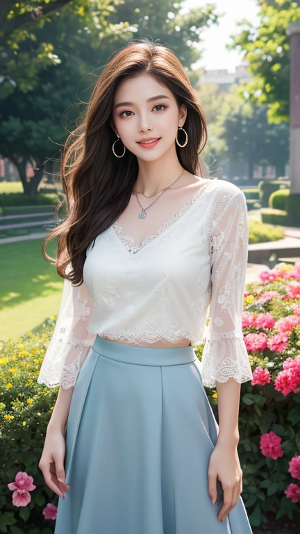 (Highest quality、 8k 、masterpiece、High resolution)、Young lovely woman、Ample breasts、Beautiful clavicle、Slender beauty、(Brown hair medium、My hair is blowing in the wind、Flows backwards)、whole body、 (Beautiful Face,Beautiful Eyes,Beautiful nose,Pretty lips)、(Earrings、silver heart pendant necklace)、(Feminine Style、3/4 Sleeve Lace Blouse、Black lace flare long skirt)、Her mouth opens slightly and a smile appears.、Dynamic pose、Outdoor、(garden、Colorful flowers)、looking at the camera、Professional Lighting、Professional photographer、Detailed CG,