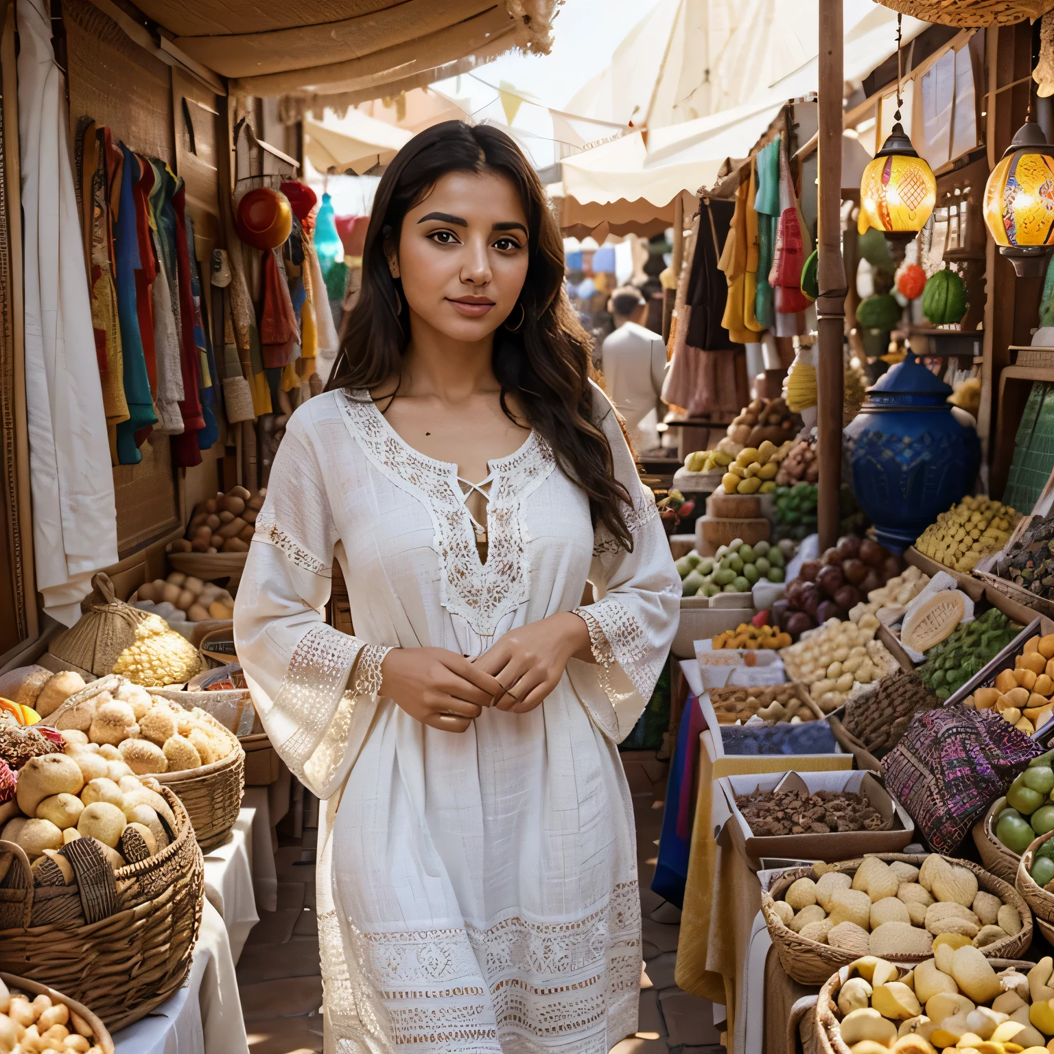 Selma Lahrizi, radiant in the heart of a bustling Moroccan market. Sunlight filters through a canopy of woven baskets and colorful lanterns, illuminating her sun-kissed skin and dark brown waves. She admires a display of intricately patterned djellabas, their rich colors and textures captivating her eye. Selma wears a breezy, white embroidered tunic, its loose fit and natural fabric keeping her cool in the midday heat. Her dark eyes, framed by the market's vibrant tapestry, sparkle with a sense of adventure and appreciation for Moroccan craftsmanship.