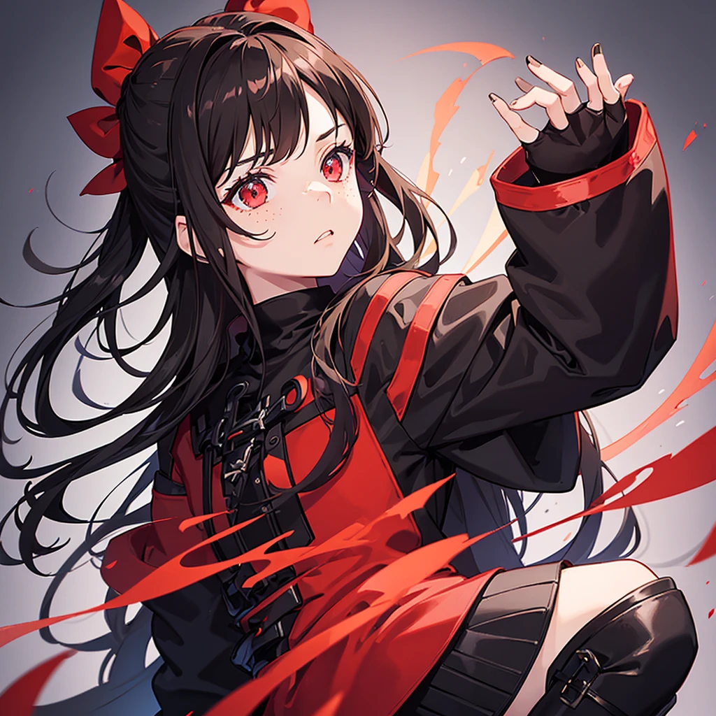 1girl,beautiful detailed eyes, red eyes , Long Brown hair, serious face, Fingerless gloves, Black skirt, black top, red jacket, black boots, baseball bat in hand , light skin color, Purple ribbon, freckles on her face, black hair band, Two arms, two legs,