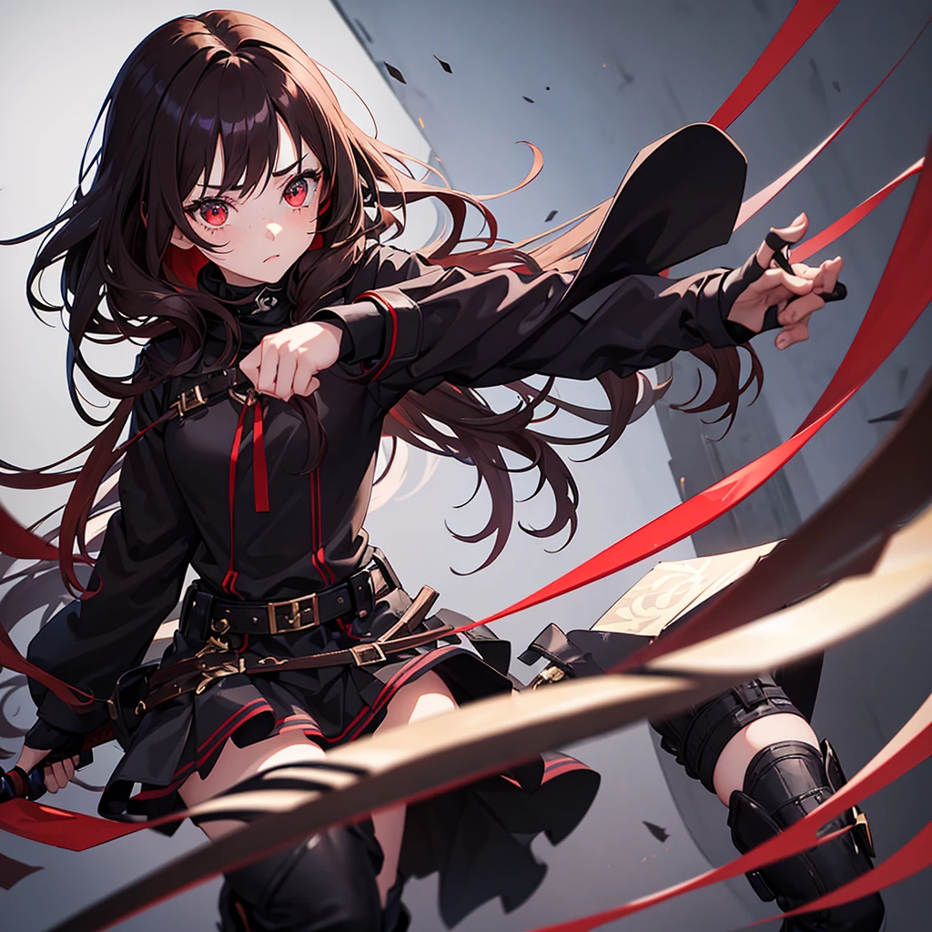 1girl,beautiful detailed eyes, red eyes , Long Brown hair, serious face, Fingerless gloves, Black skirt, black top, red jacket, black boots, baseball bat in hand , light skin color, Purple ribbon, freckles on her face, black hair band, Two arms, two legs,