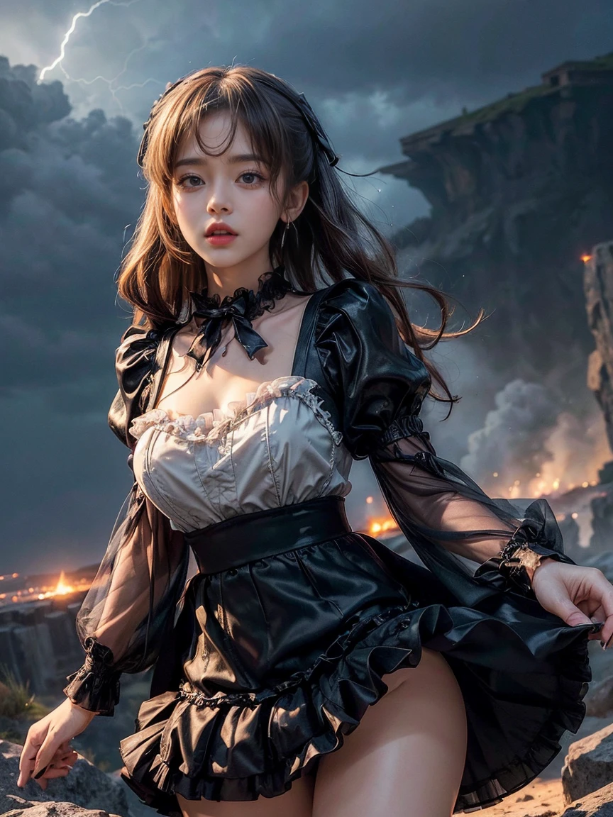 masutepiece, 8K,((Focus on the thighs)),High resolution whole body, surrealism, Cinematic lighting, god light,Layered processing (HD layers, People layer, Background image layer),f/4.0, kanon,(The face is super clear),hugefilesize,Shiny skin,Detailed skin,Detailed face, Detailed eyes, Goddess of the Storm,(ta dress miniskirt:1.5), At the top of a huge canyon, (The wind was blowing violently), Hair similar to the color of wind and lightning, nakeness, Bare chest, No top, Show off , Storm vortex pendant, Lightning earrings, Dark clouds loom like a storm, A thunderous scene,Sky thunder and lightning scattered together,