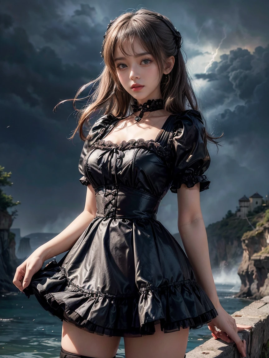 masutepiece, 8K,Focus on the thighs，High resolution full body, surrealism, Cinematic lighting, god light,Layered processing (HD layers, People layer， Background image layer)，f/4.0, kanon，(((The face is super clear)))，hugefilesize，Shiny skin,Detailed skin,Detailed face, Detailed eyes, Goddess of the Storm,(Lolita dress miniskirt:1.5)， At the top of a huge canyon, The wind was blowing violently, Hair similar to the color of wind and lightning, nakeness, Bare chest, No top, Show off , Storm vortex pendant, Lightning earrings, Dark clouds loom like a storm, A thunderous scene，Sky thunder and lightning scattered together，