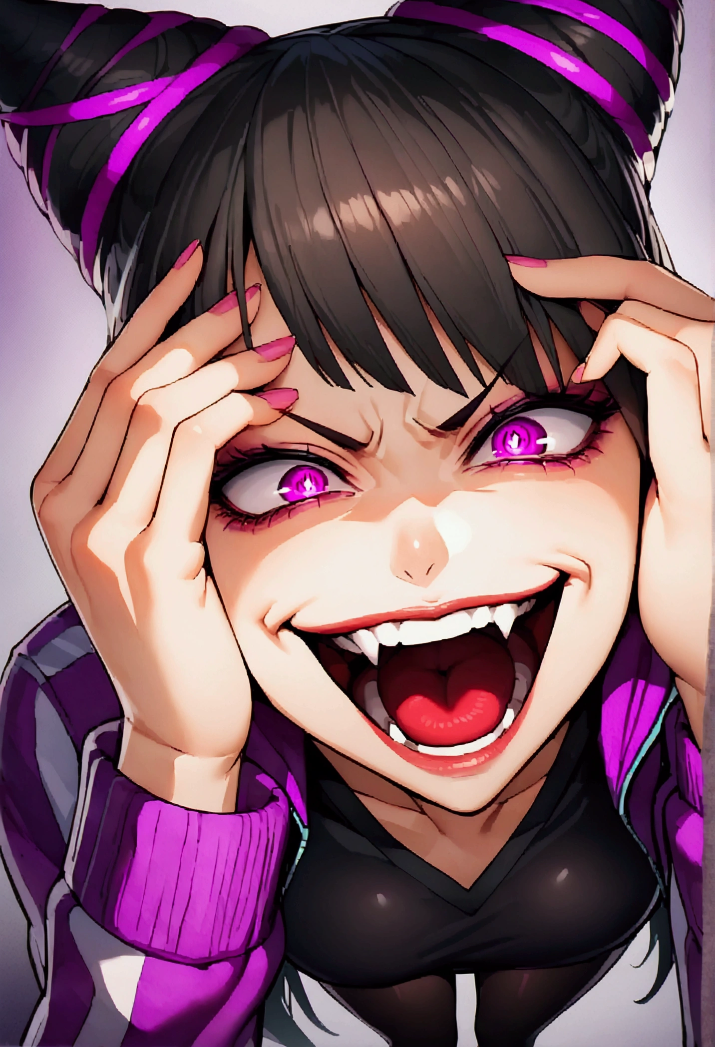 dark eye shadow,shining eyes,beautiful young fitness woman with , in a gym wearing May with black pantyhose, tight white and purple gym jacket. standing alone,hair horns,glowing purple eyes,Evil smile,legging preto ,labiaa,dark eye shadow,shining eyes,close up,open mouth with big evil smile,evil laugh,hands on face