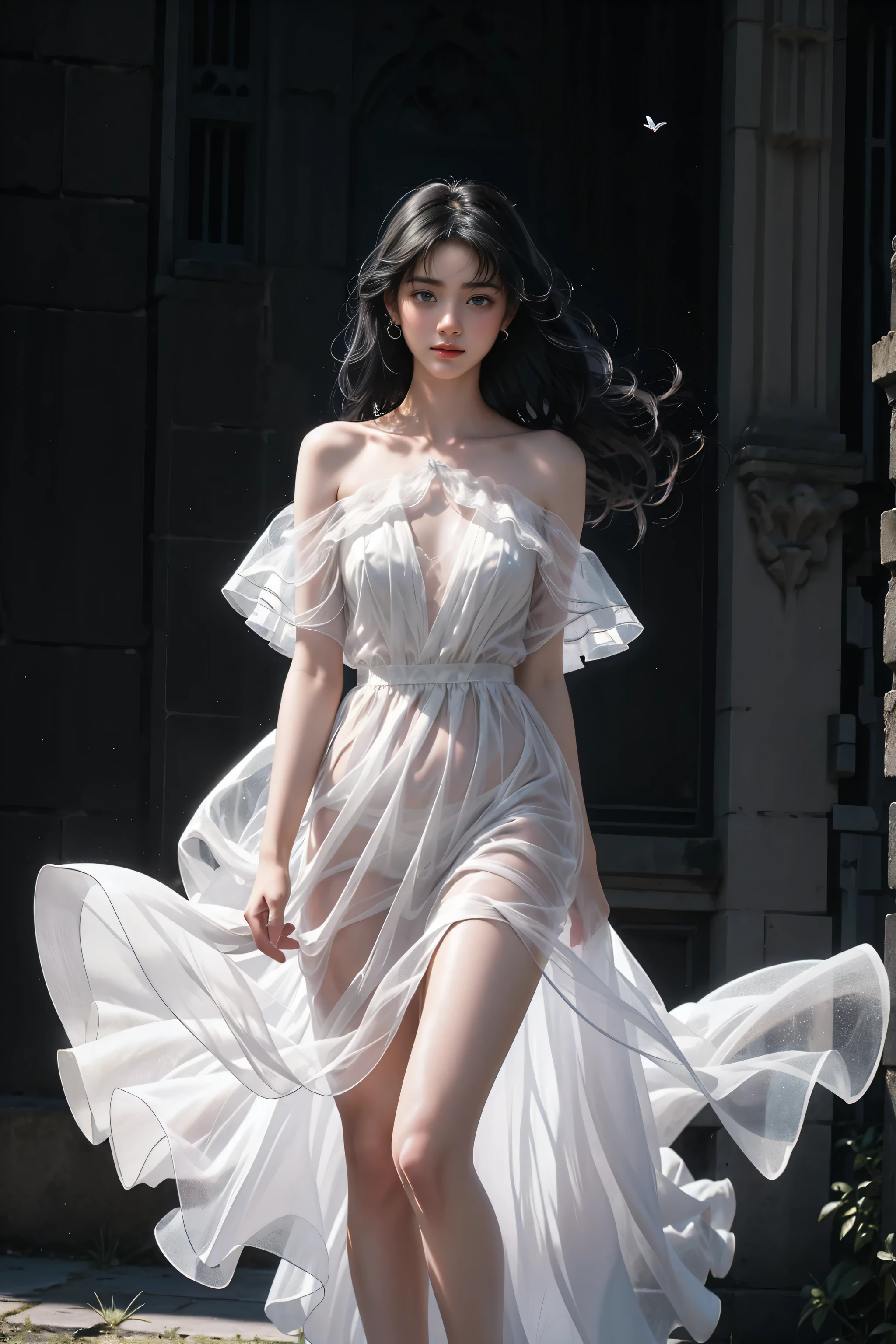 ((Girl standing in front of the wall of an old castle))、Fluorescent color、1 girl、Look to the side、Beautiful Face、Beautiful Eyes、(Off the shoulder:1.2)、Upper Body、Shiny Hair、Glowing Skin、 Reduce glare、Adjusted finger proportions、escrow、ass pov、Dynamic Angle、(((Master Parts)))、(((Highest quality)))、(((Super-detailed))) detailed)、(An illustration)、(detailedな光)、(Very delicate and beautiful)、dramatic_Shadow、Ray_Tracking、reflection、 Ultra-high resolution、((Colorful hair with black streaks))、 Her hair flutters in the wind、(big deep blue eyes)、Black-haired woman、 Sparkling butterfly、Black-haired woman、Points of light around the woman、Magical Aura、Green dot、About Auras Nature、超Magical AuraBlack-haired woman,((Translucent white open shoulder dress:1.3))、(Sleeveless)、((My skirt is flying up in the wind)),((An old European castle looms in the distance)),((White panties are visible)),