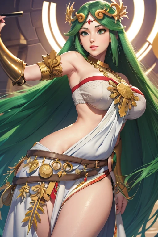 MFBP1, expressive pose, Palutena cosplayer precious girl, gorgeous woman godness, detailed expression, beautifull long green hair, curvy body, hair ornament, white dress, body made of plastic, frozen in place and put on display as a decorative statue figurine, detailed posed and turned into a statue as a trophy, objectified, high plastic details, Very detailed, submissive expression, seductive smile, dark hair, standing on a display base in a LIVING ROOM, Ultrafine paint,ultra detailed,realist,studio lighting,bright colors,Portraits,detailed facial features,standing on a pedestal. Mansion background, (4k), (Maximum quality).