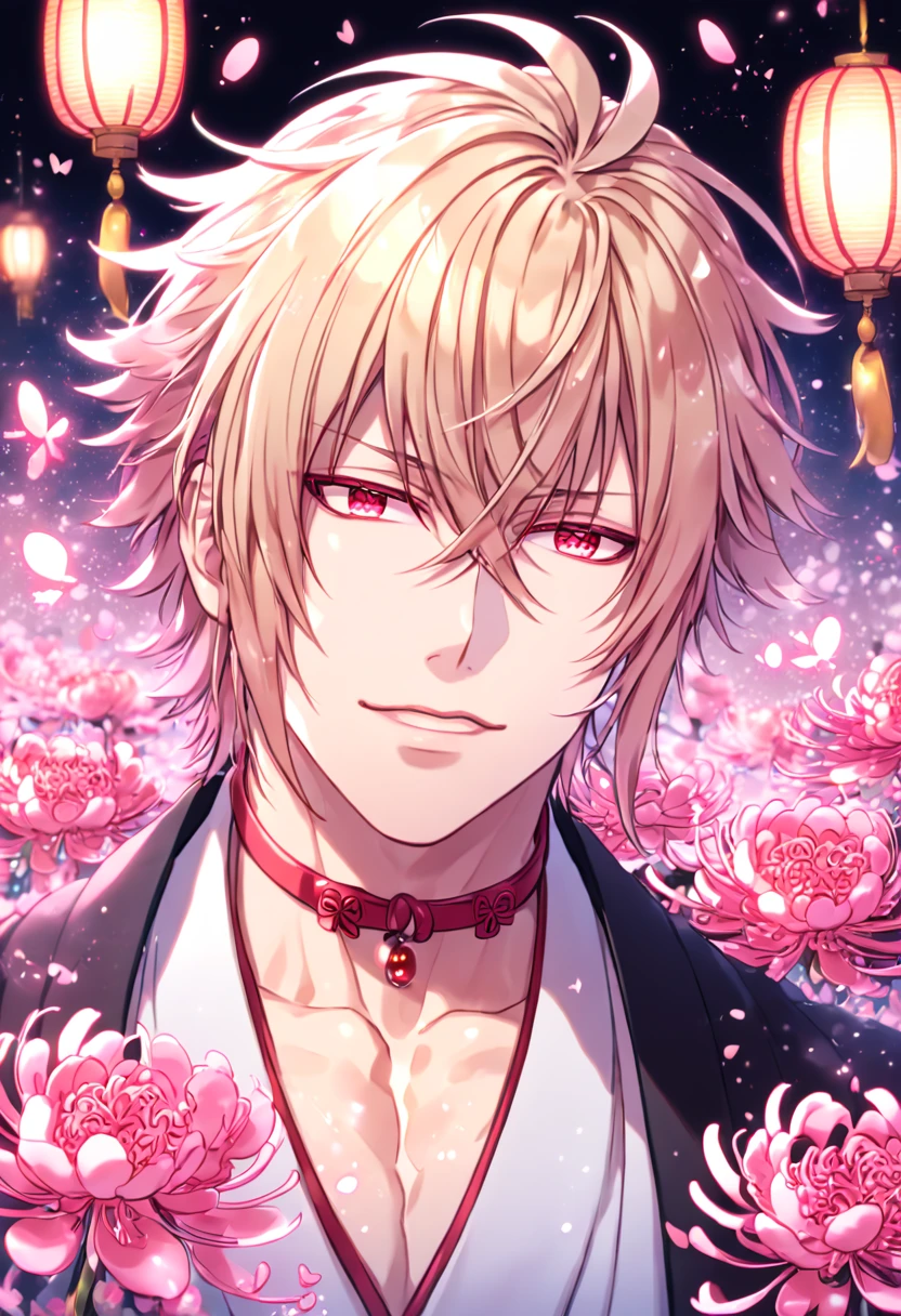 absurd resolution, high resolution, ultra detailed, detailed eyes, extremely detailed, HDR, 8K, Kazama Chikage, honey blonde hair, expressive red eyes, Hakuouki, solo, sexy man, handsome, black haori, white kimono, red collar, fantasy, cool, magical, pink glittering butterflies, pink dust flying around, pink spider lilies, pink petals, pink lanterns, Japanese ambiance, cherry blossoms