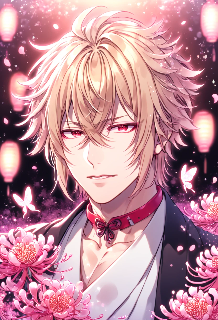 absurd resolution, high resolution, ultra detailed, detailed eyes, extremely detailed, HDR, 8K, Kazama Chikage, honey blonde hair, expressive red eyes, Hakuouki, solo, sexy man, handsome, black haori, white kimono, red collar, fantasy, cool, magical, pink glittering butterflies, pink dust flying around, pink spider lilies, pink petals, pink lanterns, Japanese ambiance, cherry blossoms